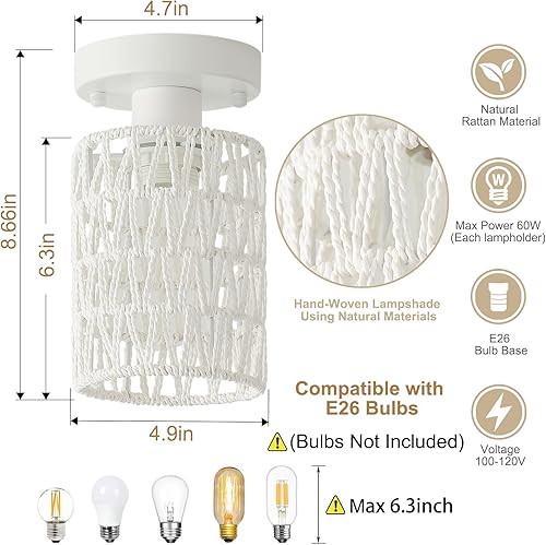 Miniatura 2 de Paquete de 2 lámparas de techo de ratán de montaje empotrado, cerca del techo con pantalla de ratán, lámpara colgante bohemia tejida a mano para