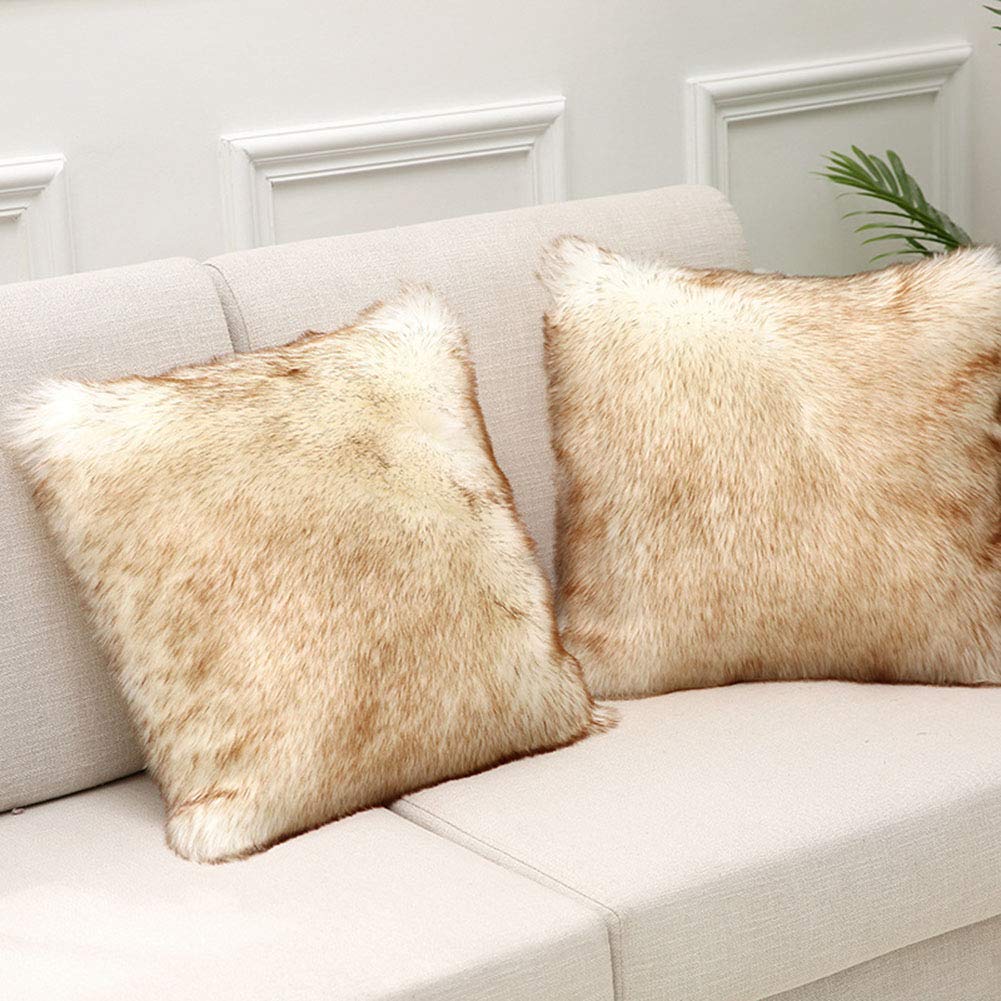 Housses de coussin fausse fourrure 40x40 cm lot de 2 blanc et marron pour canapé