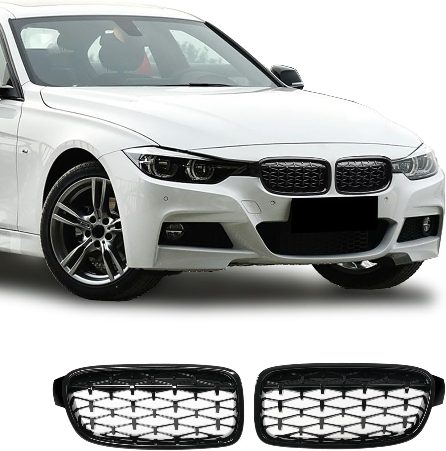 KHK Front Grill Compatible with BMW 3 Series F30 F31 2012-2018 320i 328i 328d 330e 330i 335i 340i xDrive, Gloss Black Diamond ABS Automotive Replacement Grill Kidney Front Grille