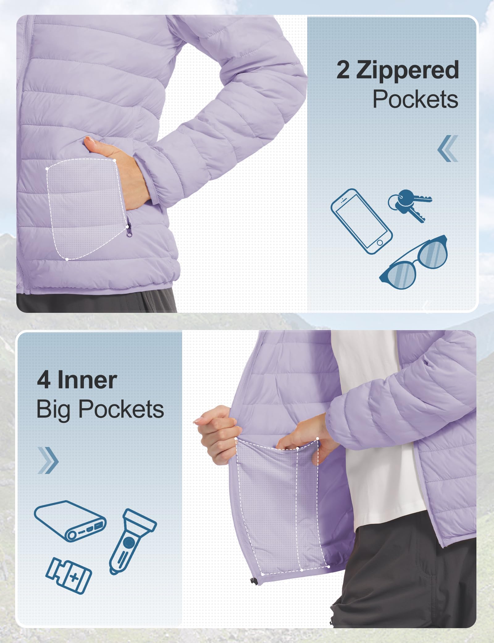 Women's Lightweight Packable Puffer Jacket Quilted Insulated Warm Winter Coat Full-Zip Hooded Outerwear for Hiking Travel