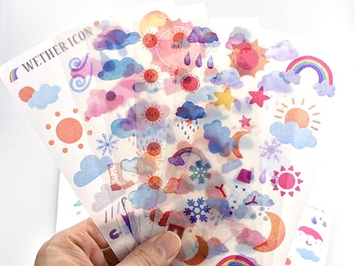 Miniatura 4 de Paquete de 2 calcomanías meteorológicas para álbumes de recortes, diseño de dibujos animados, nubes, días soleados, gotas de lluvia, estrellas, arco