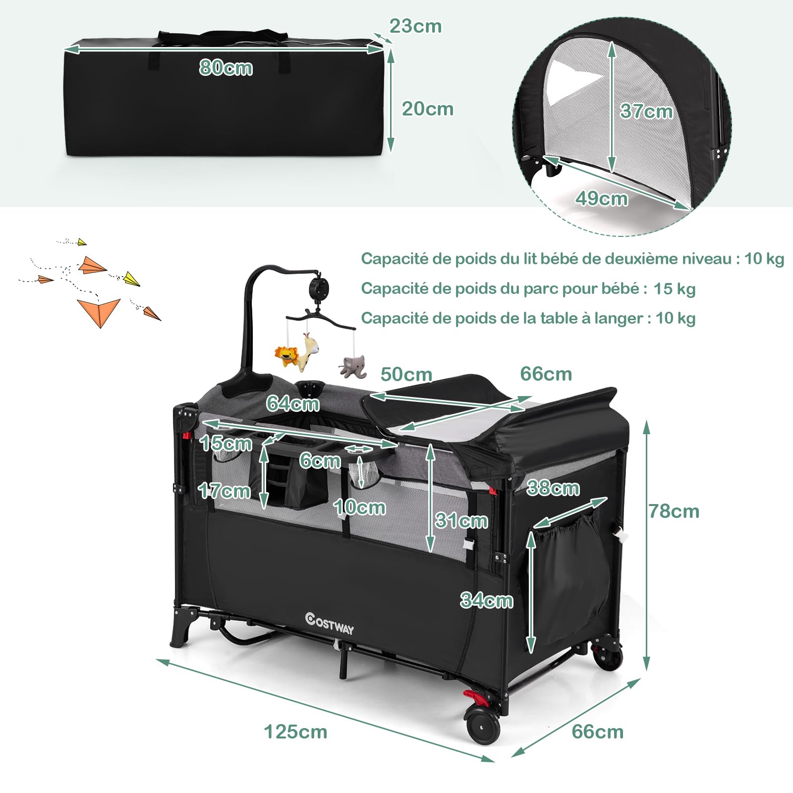 COSTWAY 5 en 1 Lit Parapluie Bébé avec Matelas & Table à Langer, Lit Bébé Evolutif avec 4 Hauteurs Réglables, 3 Jouets Suspendus & Boîte à Musique, Roues avec Freins, Charge Max 15kg, 0-36 Mois