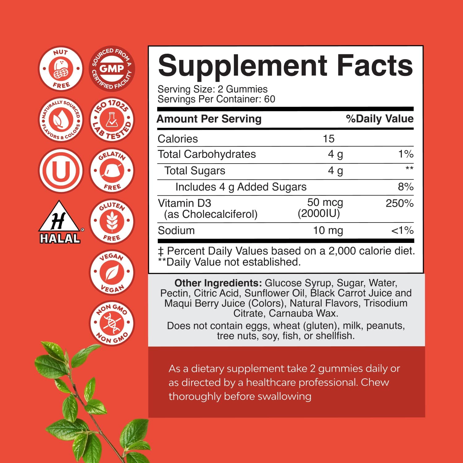 Natures Craft Vitamin D Gummies for Adults - Daily Immune Support Gummies with Vegan Vitamin D3 2000IU - D3 for Adults Wellness Non GMO Gluten Free - 120 Count (Pack of 1)