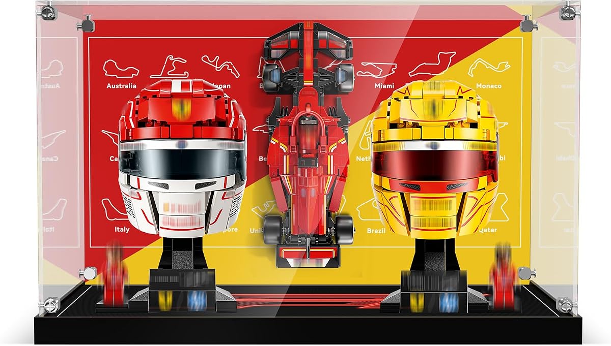 LED Acrylic Display Case Compatible with LEGO Ferrari F1 Sets 77242, 43014 & 43022 – 3-in-1 Collector Showcase with POP Light Effect for Car & Helmet Display (Box Only)