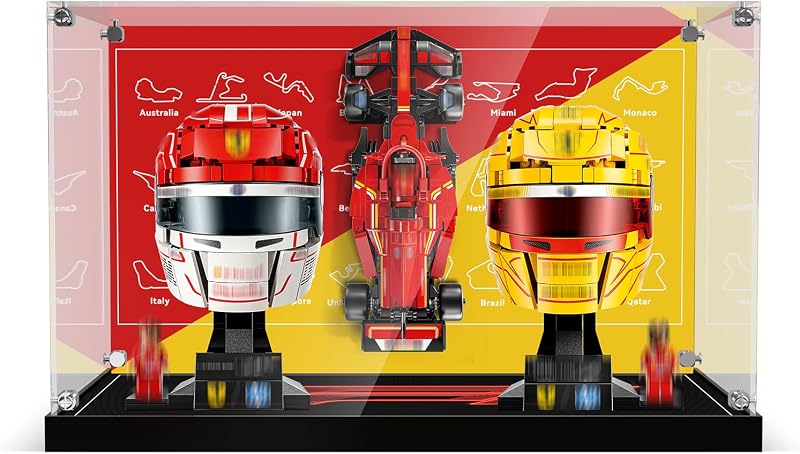 LED Acrylic Display Case Compatible with LEGO Ferrari F1 Sets 77242, 43014 & 43022 – 3-in-1 Collector Showcase with POP Light Effect for Car & Helmet Display (Box Only)