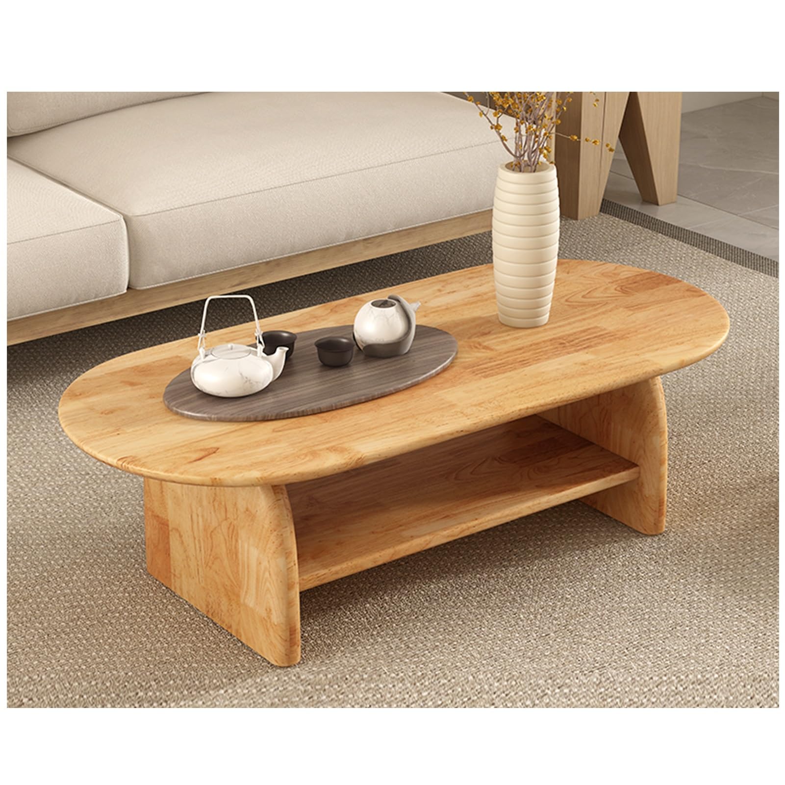 Table basse double couche 140 cm blanche en bois massif de salon