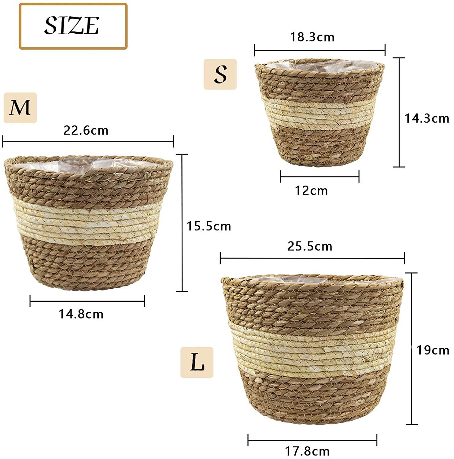 KAHEIGN 3Pcs Blumentöpfe Seegras Pflanzenkörbe, Φ18/22/26cm 3 Größen Gewebter Blumentop Set Blumentöpfe Aufbewahrungskorb, Seegras Pflanzenkörbe für Drinnen Draußen (Beige)