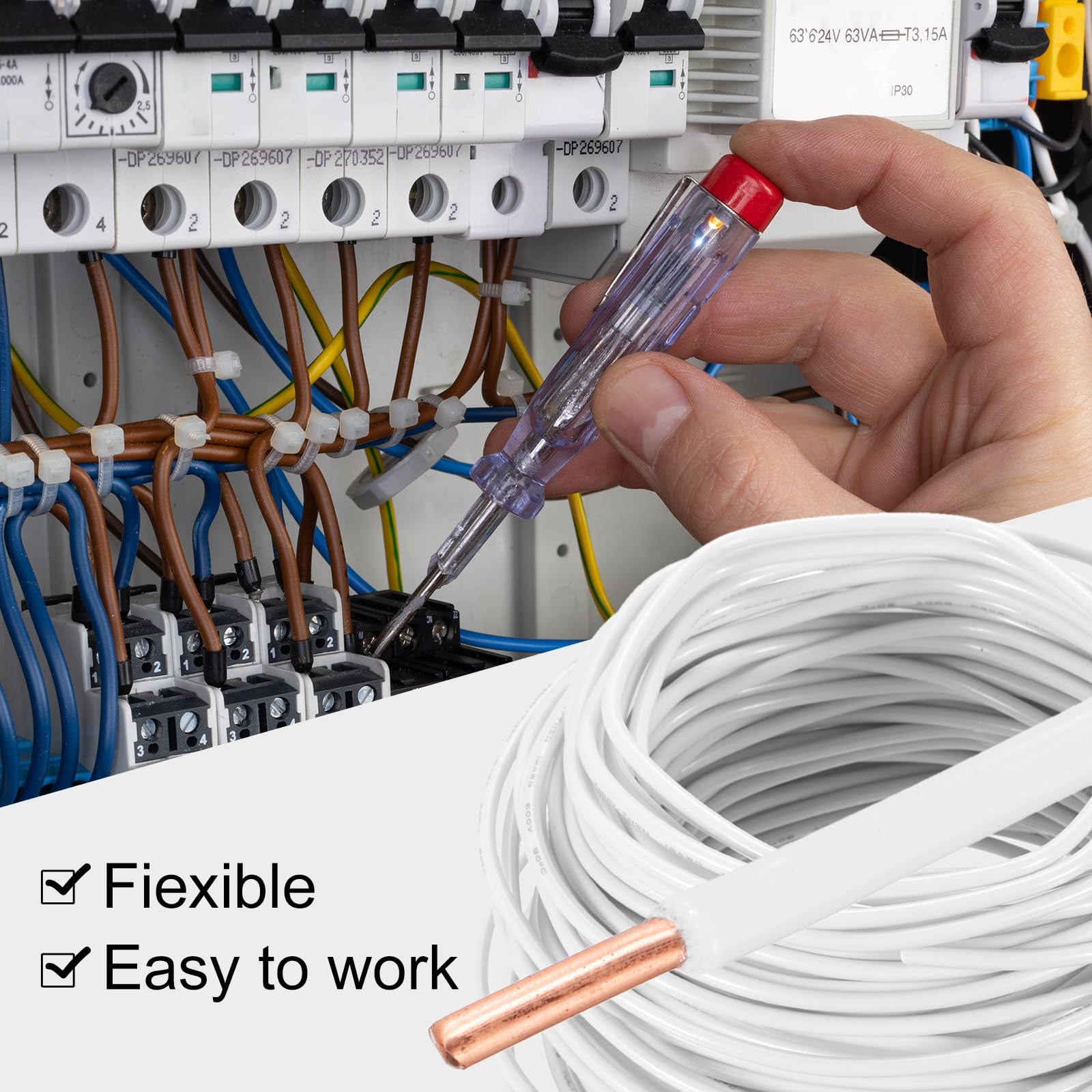 QUARKZMAN Cable Eléctrico Aislado De Cobre Sólido 75 Pies 12 AWG Cable De Conexión THHN Cable Residencial Industrial Para Puesta A Tierra Clasificado Para 600 Voltios Listado UL Blanco