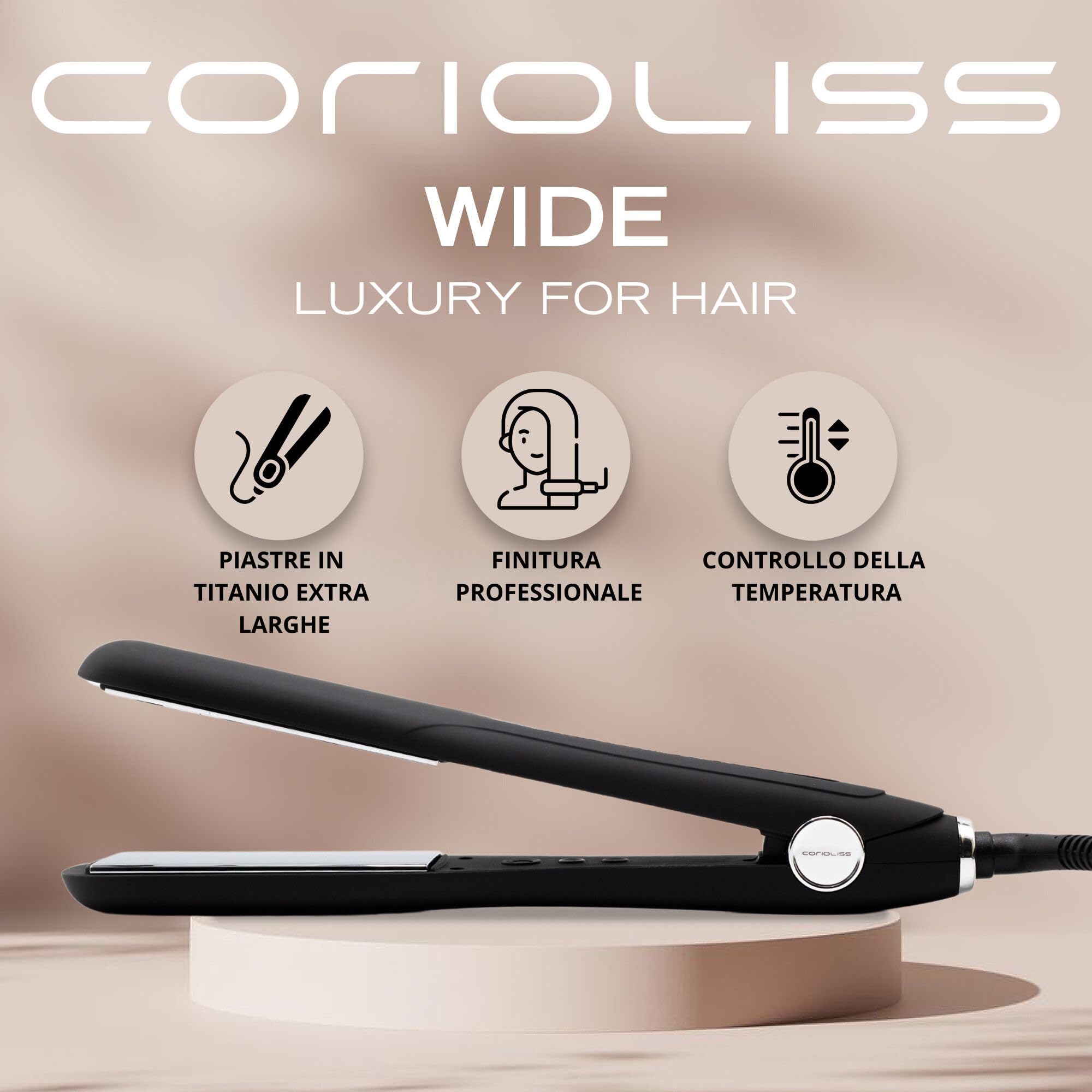 Corioliss WIDE | Piastre per capelli Professionale Larghe | Titanio | Perfetta per lisciare e creare onde e ricci | Con controllo della temperatura