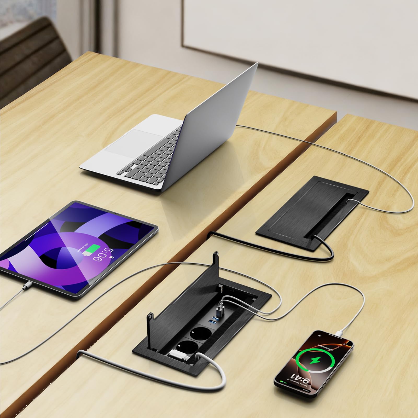 Enchufe empotrable de Aluminio para Cocina, encimera y Oficina con 3 Tomas de Corriente, 2 Puertos USB-C PD 30W y 2 USB-A, regleta de enchufes empotrable con Cable de 1,8 m, Color Negro