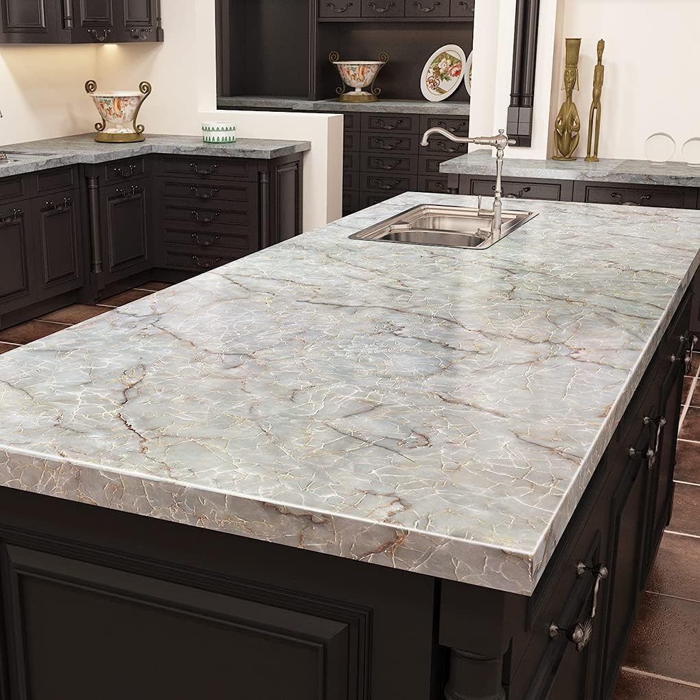 Livelynine 36 Inch Wide Marble Contact Paper for Countertops Waterproof Glossy Light Green Marble Wallpaper Peel and Stick Countertop Kitchen Counter Top Covers Laminate Counter Top Vinyl Wrap Table