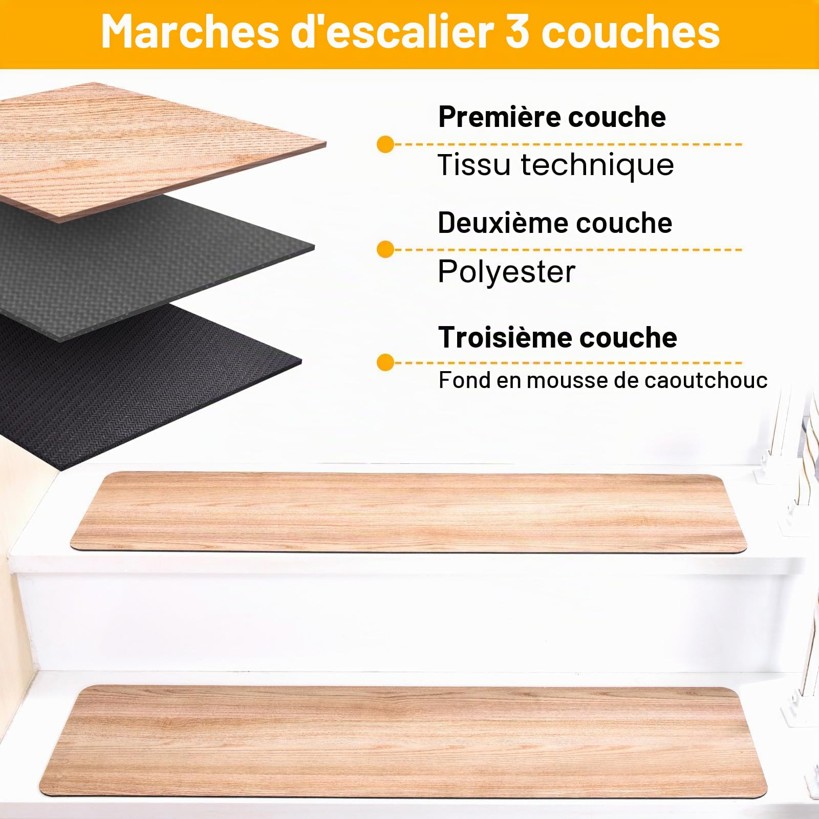 Tapis d’Escalier Antidérapants en Caoutchouc Synthétique,7 Pièces | Tapis de Marche avec Dos Gomme Antiglisse, 76×20 cm, avec Ruban Adhésif, Imitation Bois