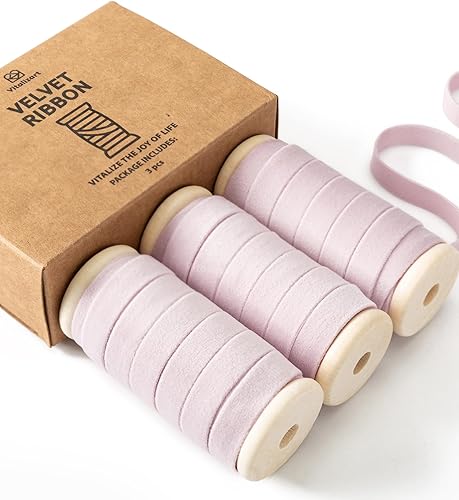 Vitalizart Juego de cinta de terciopelo rosa de 38 pulgadas x 15 yardas, carrete de madera con ribete ecológico, 3 rollos x 5 yardas para decoración