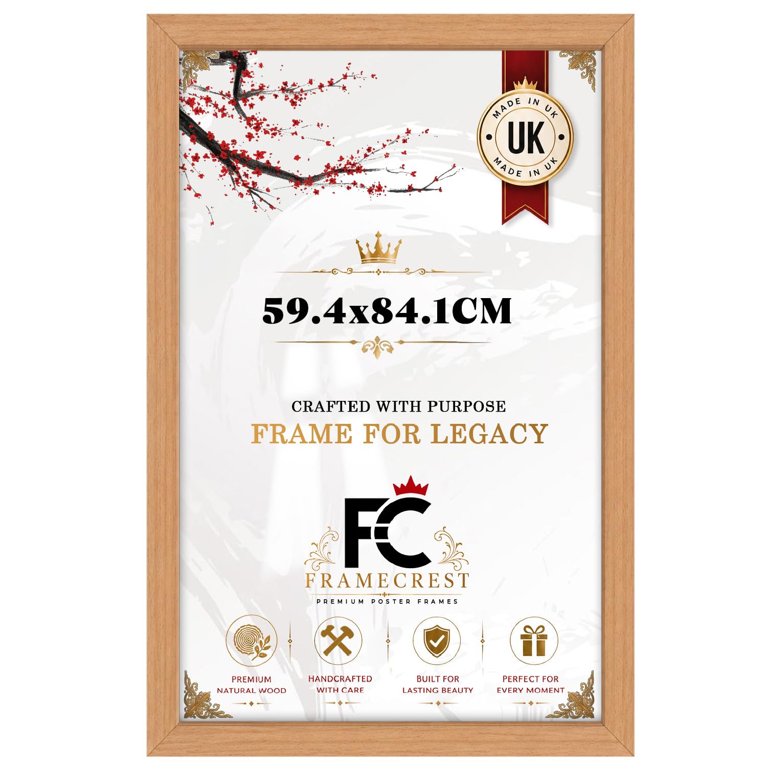 FRAMECREST Premium Large Rectangle MDF Poster Frame 59.4x84.1cm | MDF Wood Finish Clear Perspex | Landscape or Portrait Orientation | Photos, Posters, Artwork & Gifts - [Beech]