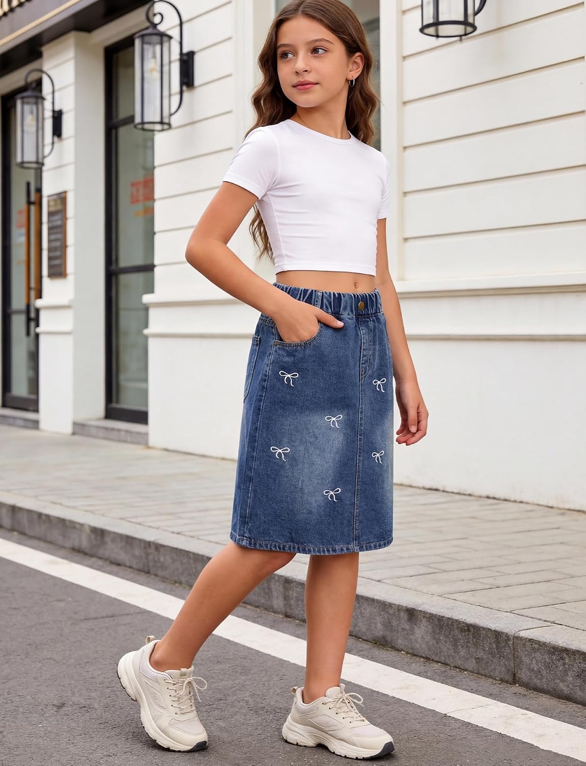Girl's Denim Skirt Casual Midi Knee Length Skirts High Elastic Waist A Line Jean Skirts with Pockets