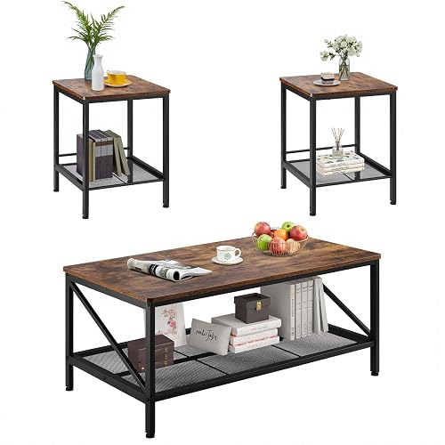 VEVOR 3 Pieces Living Room Table Sets, 41.3 in Industrial Coffee Table with 2 Square End Side Tables, Easy Assembly Coffee and End Tables Sets with Metal Legs, for Office, Living Room & Apartment - Rectangular