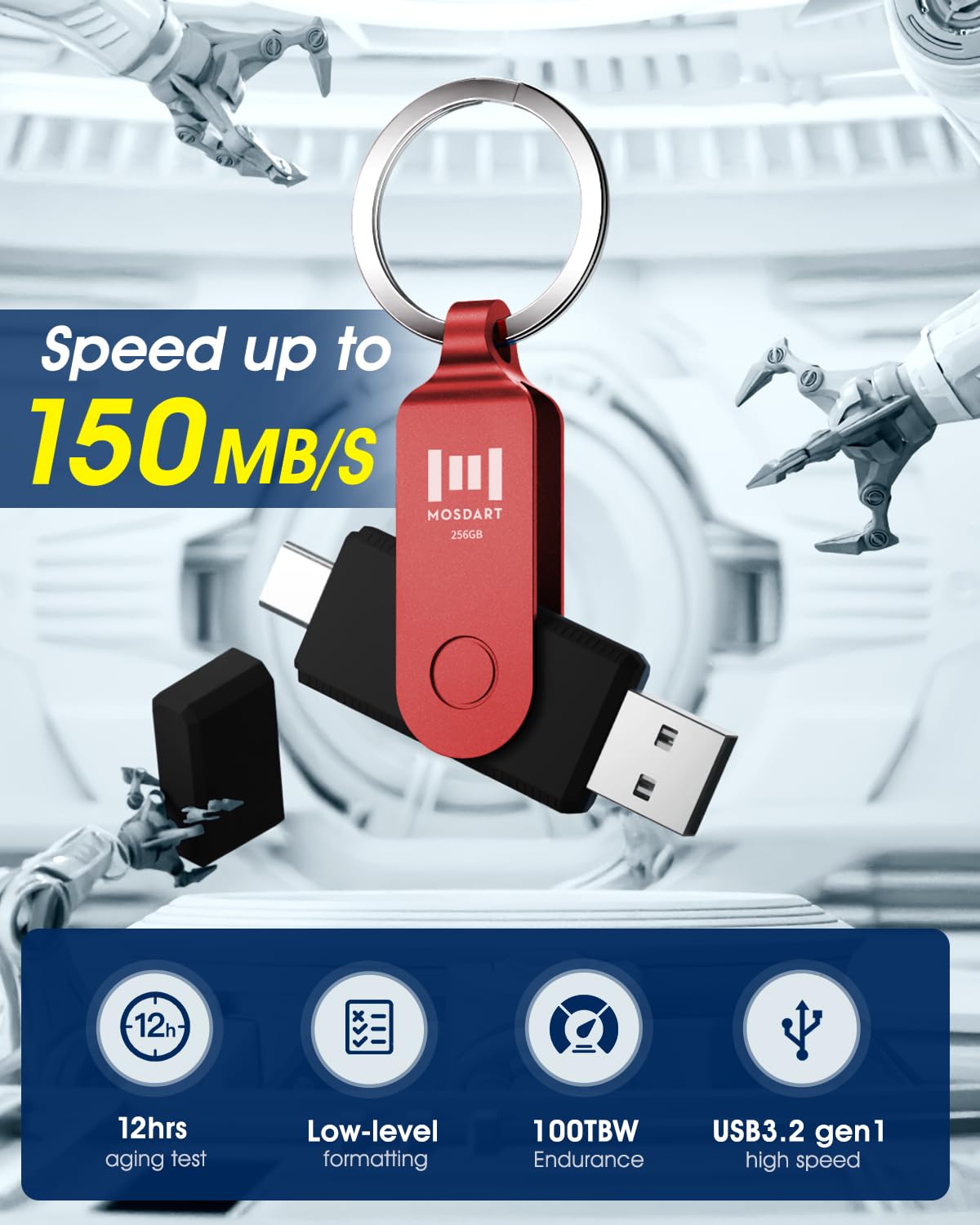 MOSDART ExFAT - Memoria USB 3.1 de 256 GB de velocidad rápida C y una unidad flash dual, con llavero e indicador LED, para iPhone 15 y 16, teléfono Android, iPad, MacBook y otros portátiles, color