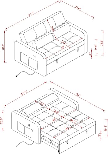 Miniatura 2 de Sofá cama convertible de terciopelo moderno con respaldo ajustable de 55 pulgadas, sofá cama pequeño con dos almohadas y bolsillos laterales para