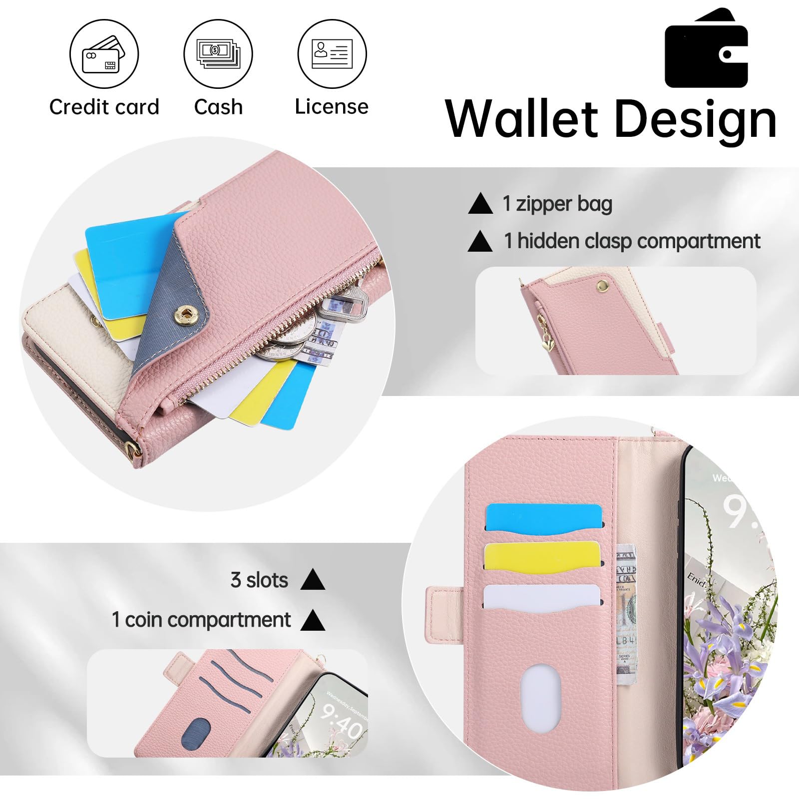 Ribaltabile Cover per iPhone 17 Pro Max/17 Pro/17 Air/17, Modello Litchi | Cerniera Portafoglio Moda Pelle Custodia con Tracolla Porta Carte Funzione Supporto Donna Telefono Caso