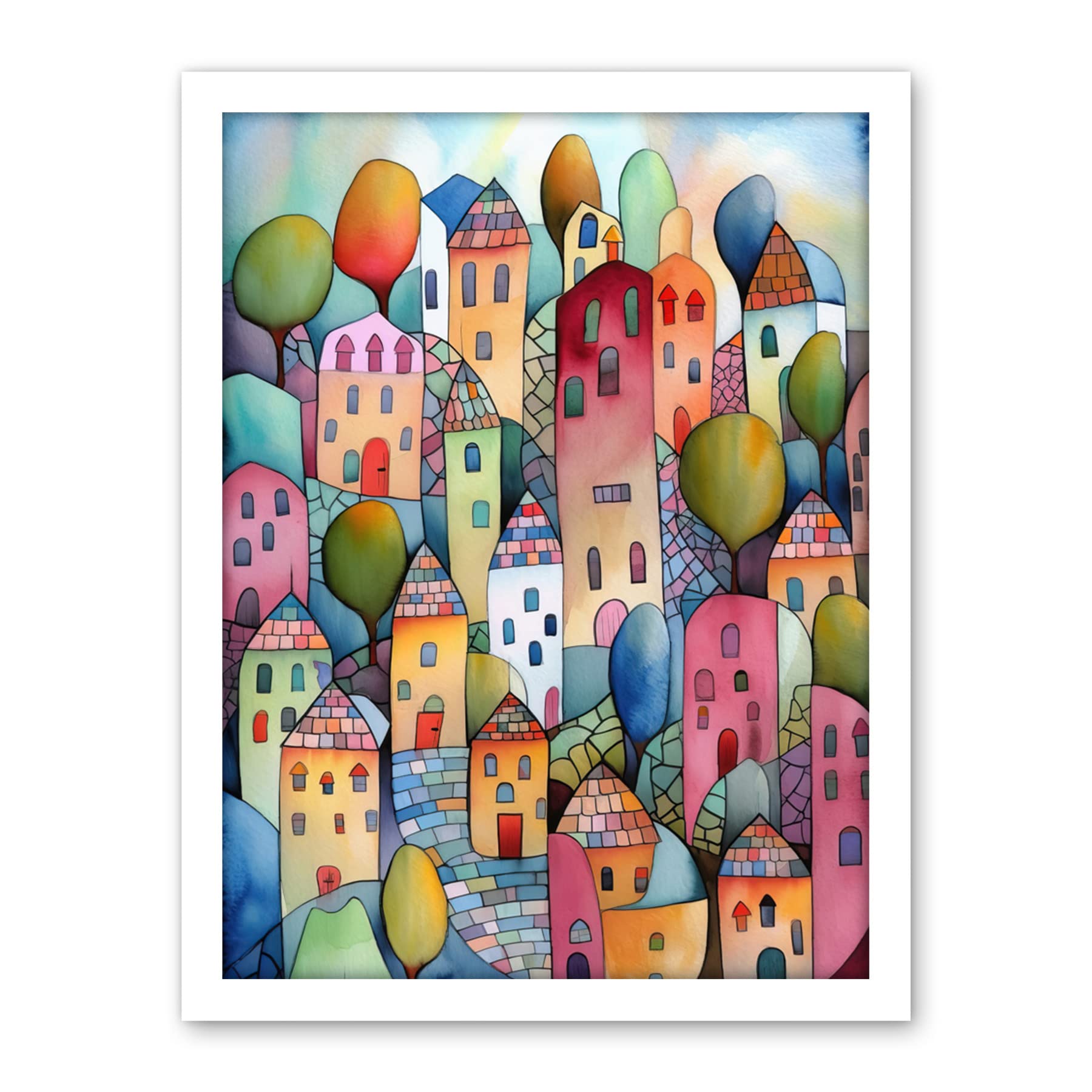 Artery8 Village On The Hill Cobble Streets Folk Art Artwork Framed Wall Art Print 18X24 Inch