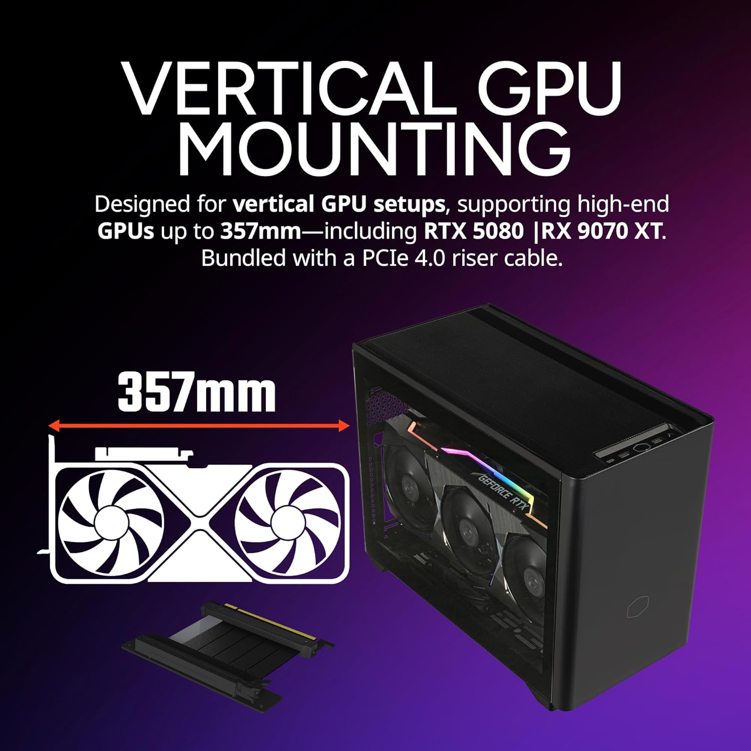 Diagram showing vertical GPU mounting in the Cooler Master NR200P V2 case, with a 357mm GPU and included PCIe 4.0 riser cable.