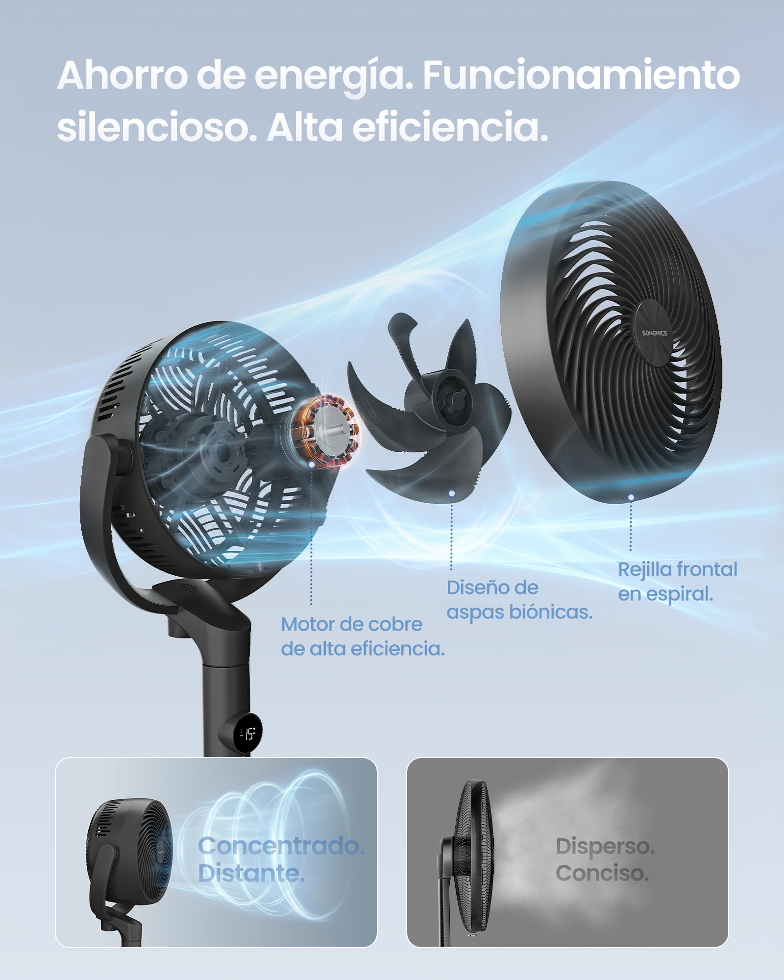 SONGMICS Ventilador de Pie, Ventilador Silencioso 20 dB, Mando a Distancia, Dormitorio, Oscilante 120°+135°, 15 Velocidades, Temporizador 15 Horas, 3 Modos, Altura Ajustable, Negro Tinta XFC002B1EU