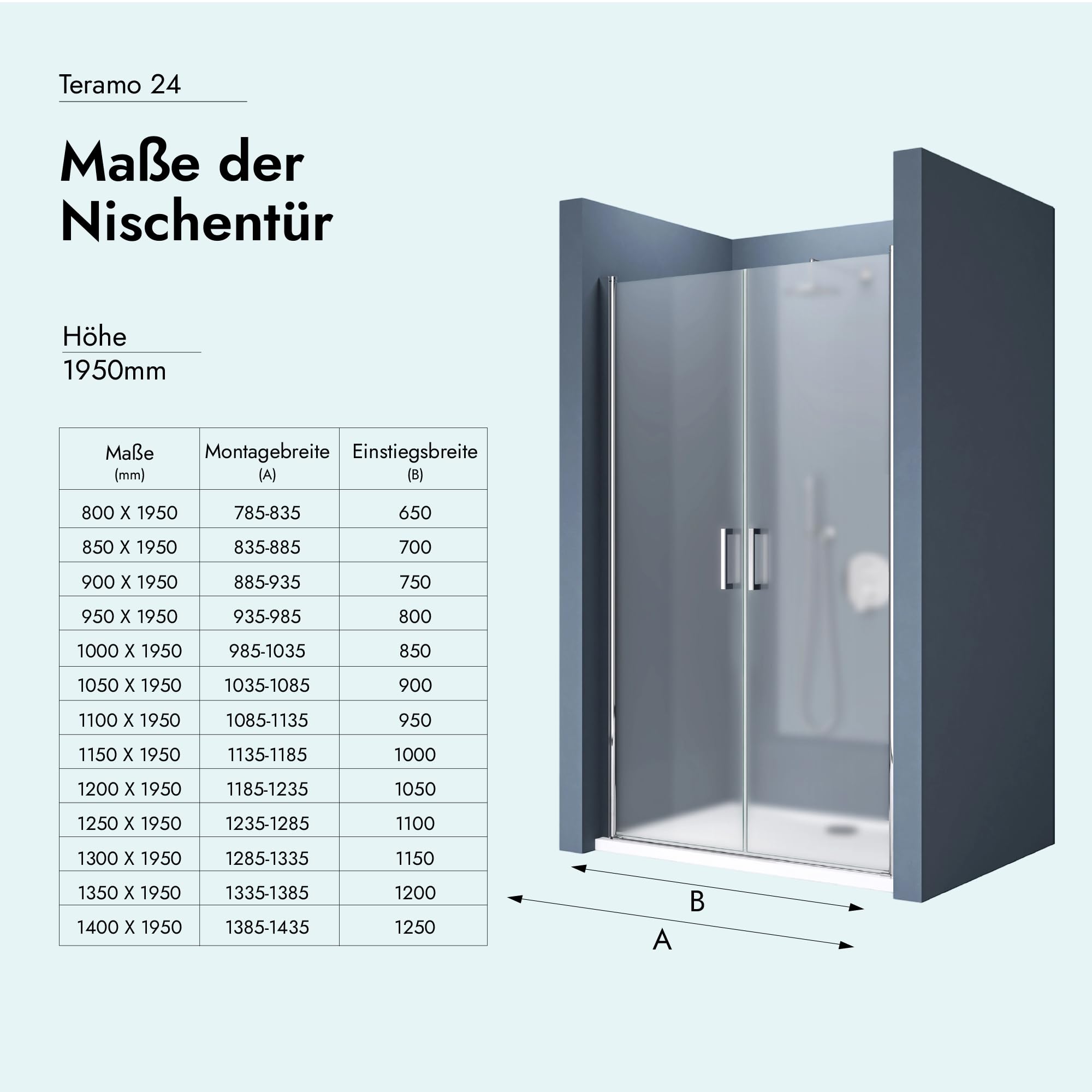 doporro Nischentür Duschtür 90x195cm Duschkabine 6mm ESG-Sicherheitsglas