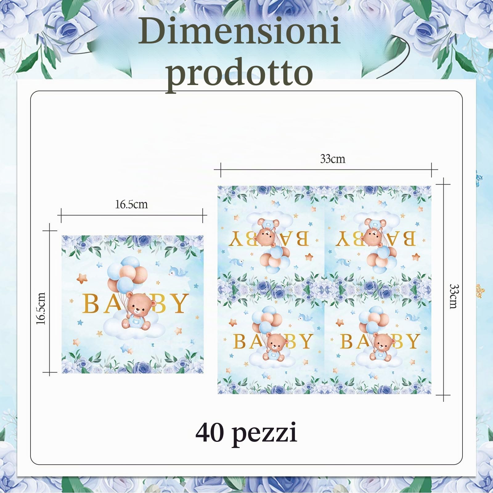 Kotkiddy 40 Pezzi Serviette Baby Shower Ragazzo Orso Motivo Cocktail Dessert Serviette di Carta Monouso Gender Reveal Party Decorazione Tavola Blu Oro Decorazione Complea