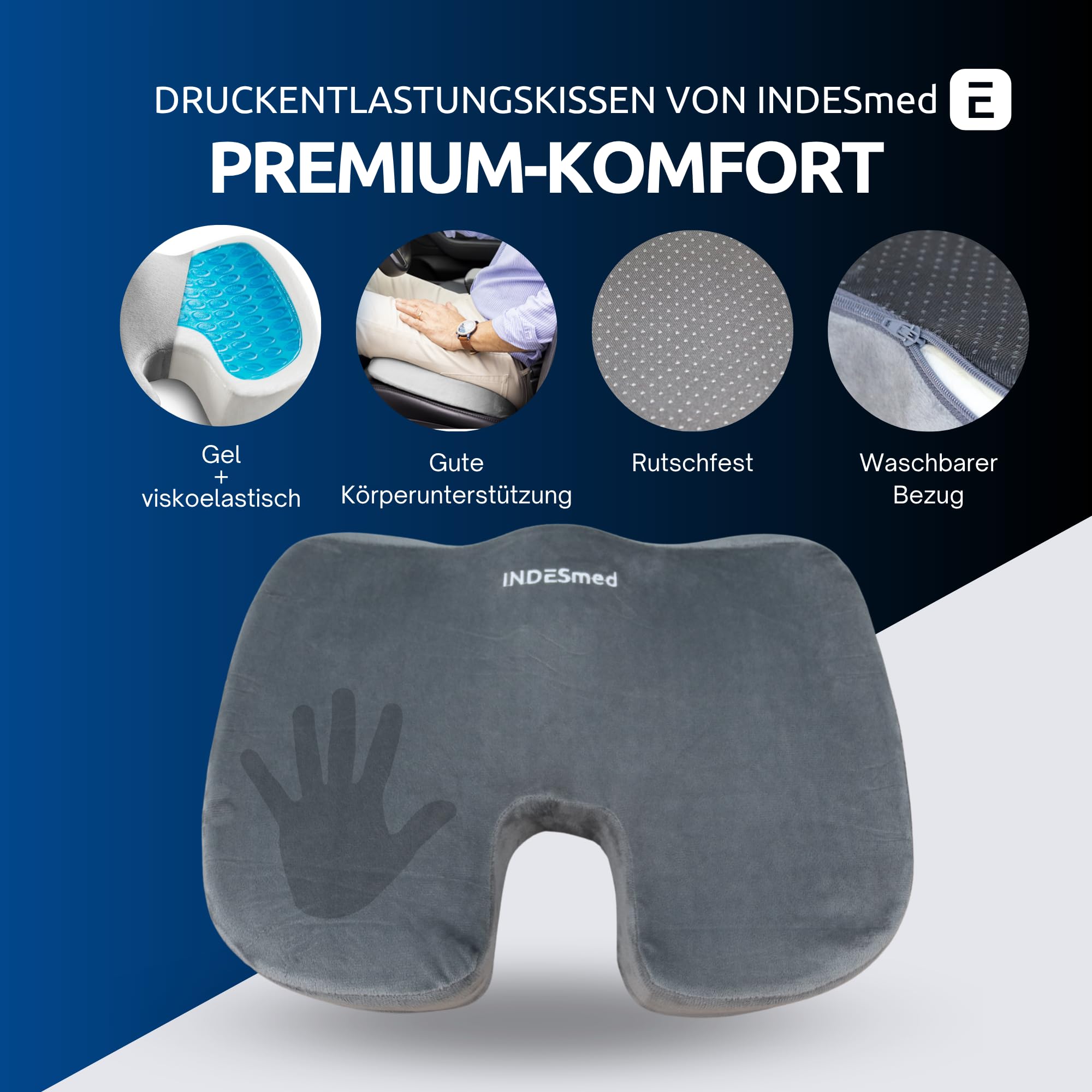 Orthopädisches Sitzkissen Gel-Memory-Foam U-Form 45x35x7 cm Premium