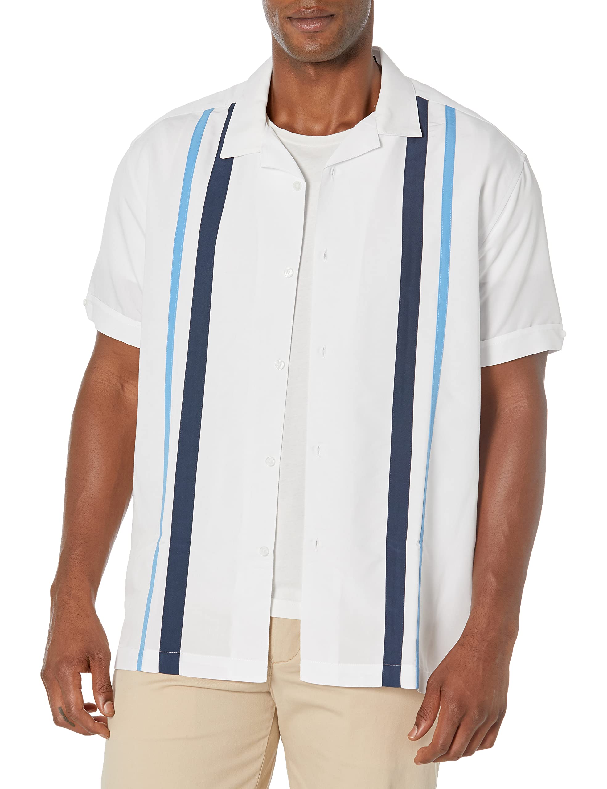 CubaveraMen's Tri-Color Camp Collar Retro Panel Short Sleeve Button-Down Shirt