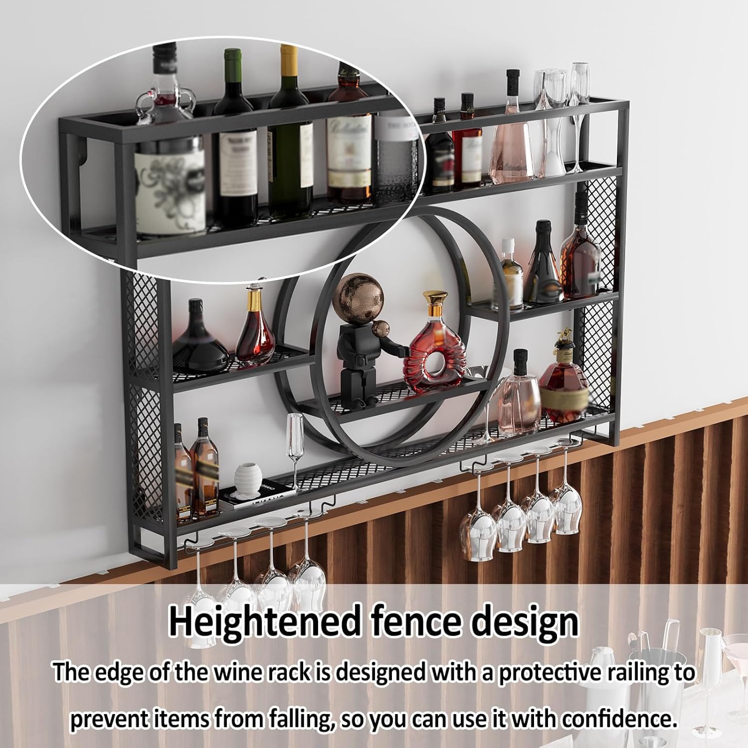 Porte-bouteilles mural en métal noir pour maison, bar, salle à manger ou décoration intérieure (100 x 15 x 80 cm) – Solution de rangement élégante et peu encombrante