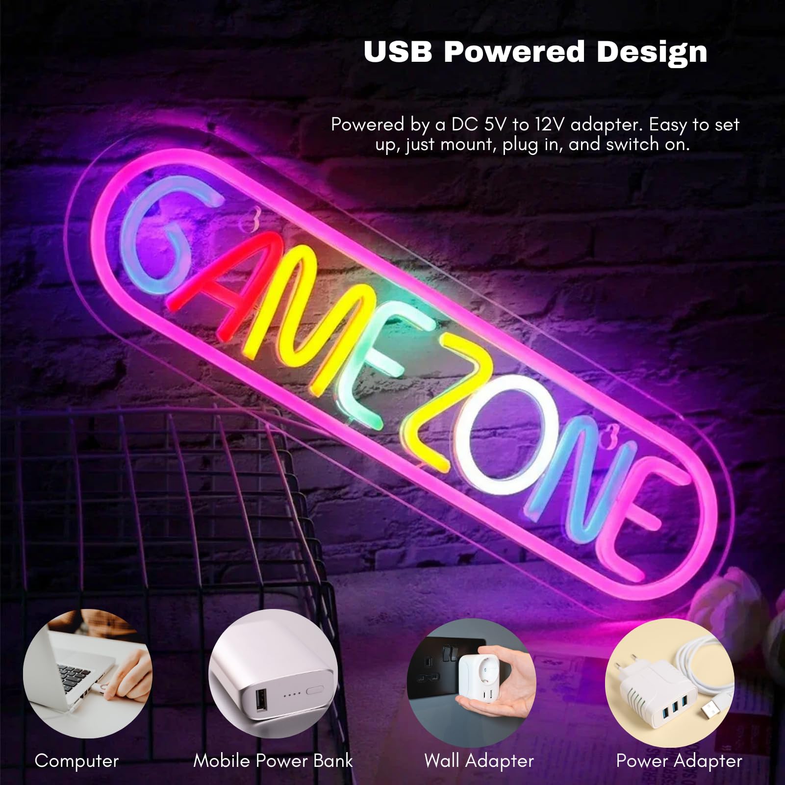 Lampada da Gioco a LED al Neon USB, Luce al Neon per Sala Giochi Lampada da Gioco Decorazione con Gancio per Appendere Camera da Letto Scrivania