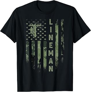 USA Camo Flag Electric Cable Lineman Silhouette Distressed T-Shirt