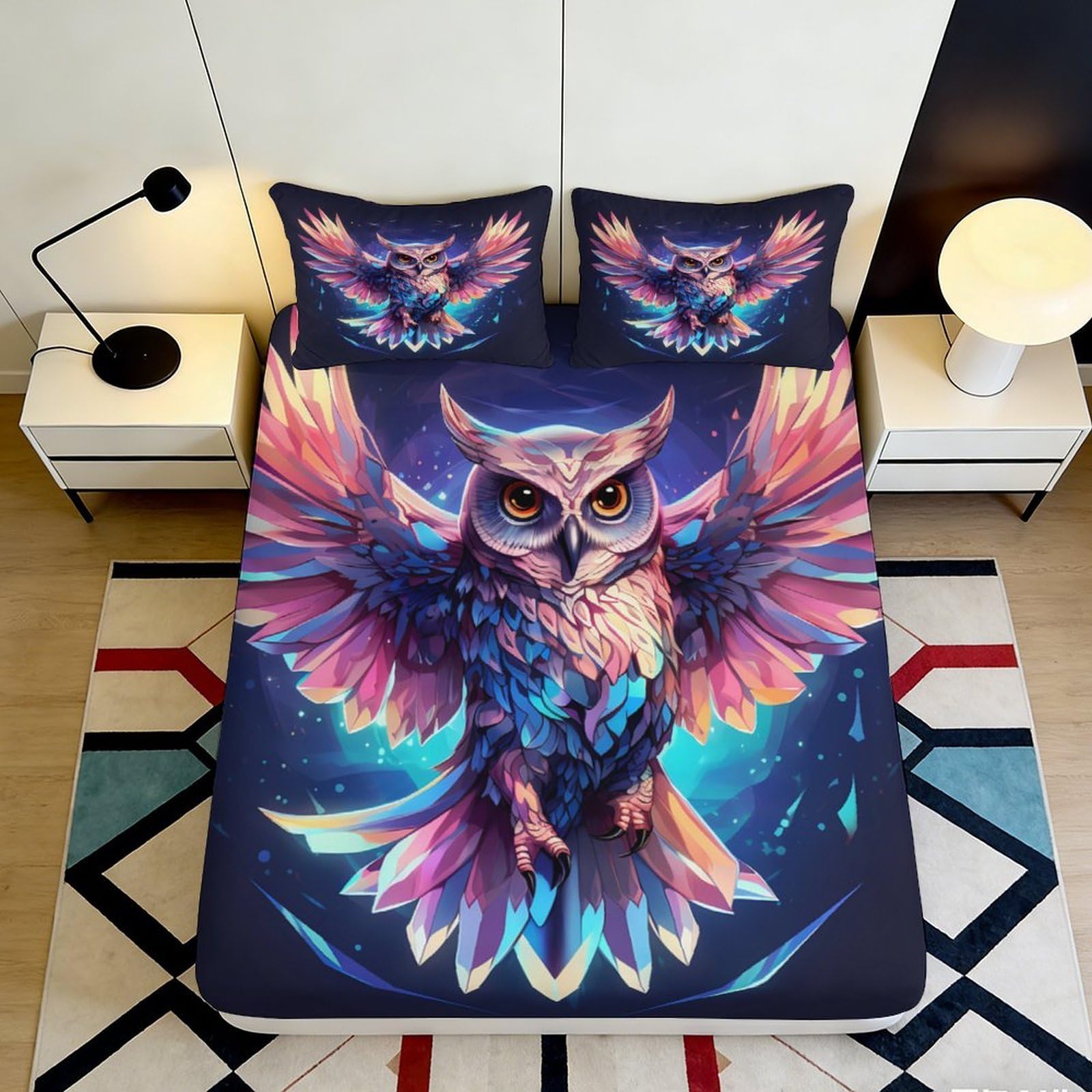 3D Printed Colorful Owl Fitted Sheet Microfiber Soft Breathable Night Sky Bed Cover for Bedroom Dormitory Guest Room Mattress Protection Decor 120x200x25cm