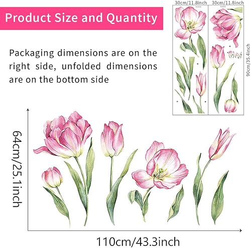 Miniatura 2 de 2 hojas de calcomanías de pared de flores rosas grandes, tulipán, flores, flores, jardín, hojas verdes, plantas, vinilo, bricolaje, decoración de
