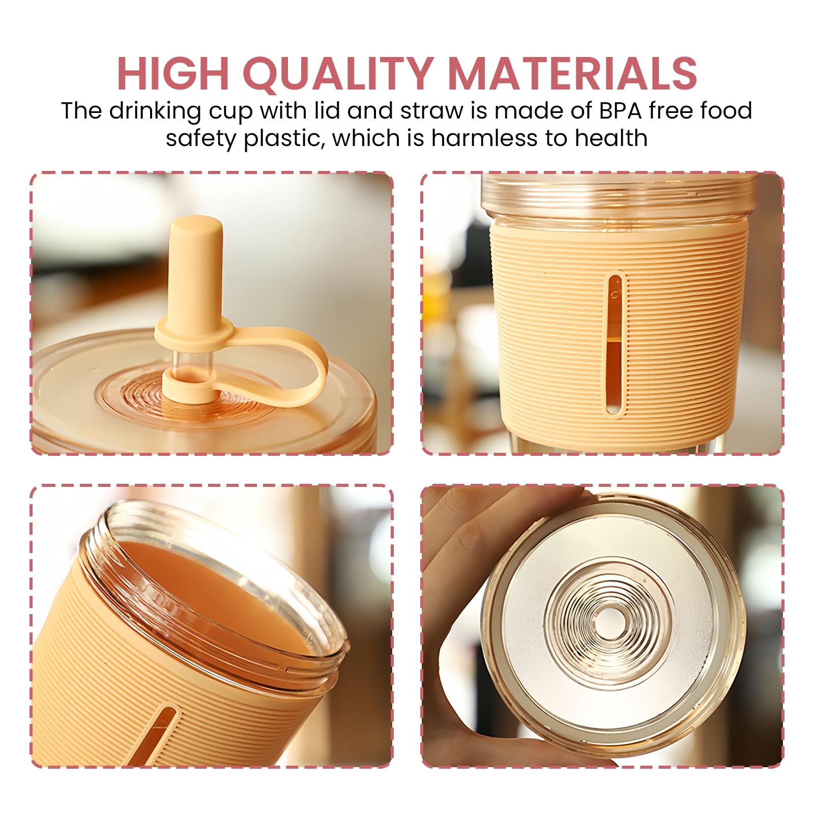 Bicchiere da 710 ml con coperchio e cannuccia, 2 bicchieri da tè con cannuccia, bicchieri di plastica con coperchio, bicchieri con paglia, per smoothie, per caffè freddo, tazza (rosa, cachi)