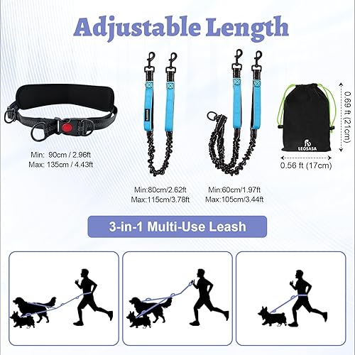 Miniatura 2 de Correa doble manos libres para perros para dos perros, correa doble sin enredos sin tirones con cinturón acolchado ajustable y costuras