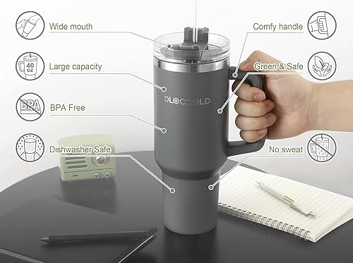 Miniatura 4 de DLOCCOLD Vaso de 40 onzas con asa, vaso de café aislado con tapa y popote, apto para portavasos de automóvil (aguamarina)
