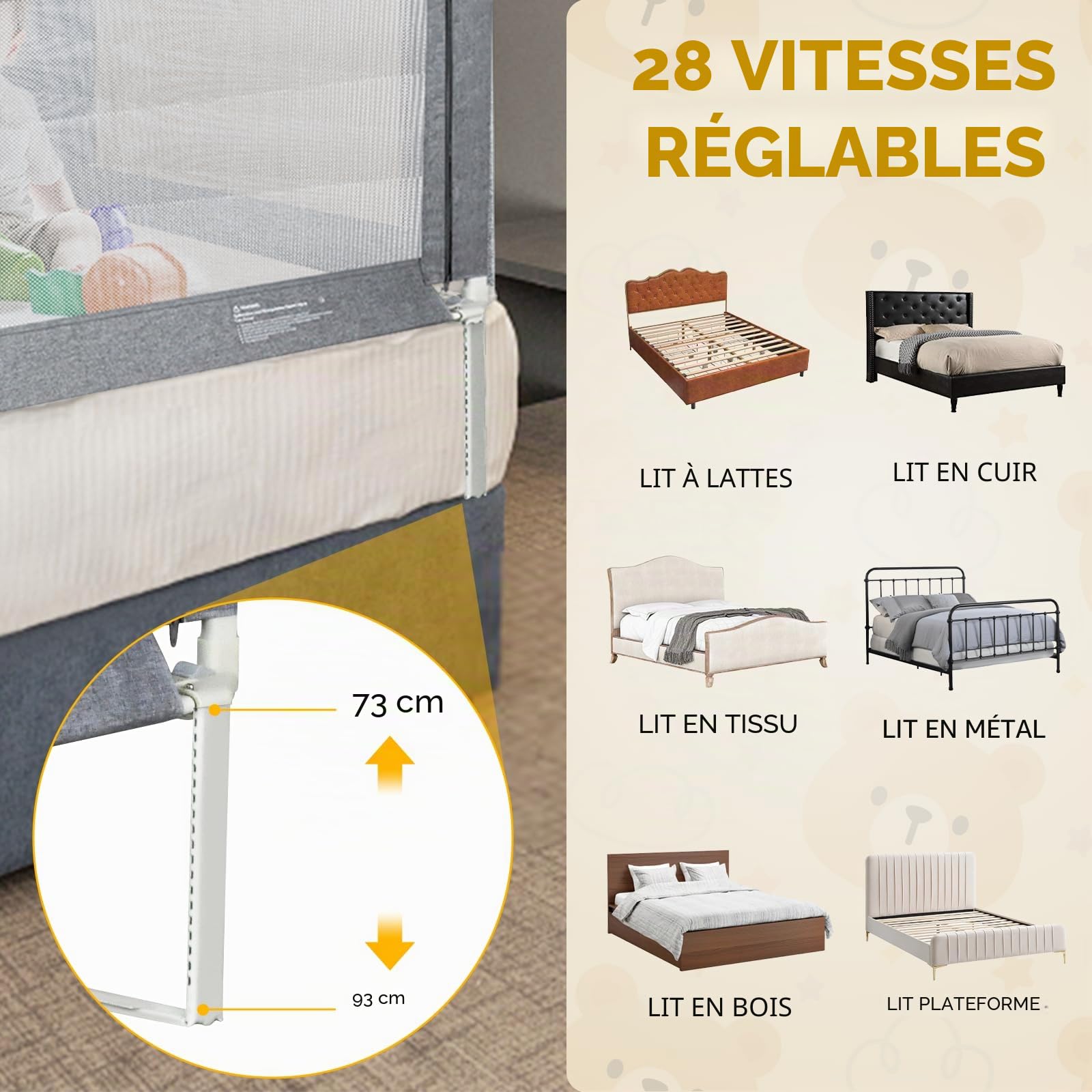 Barrière de lit pour enfant et bébé, 180 cm, protection anti-chute, avec fonction de levage vertical et protection contre les chutes, système d'ancrage renforcé, lit à sommier tapissier