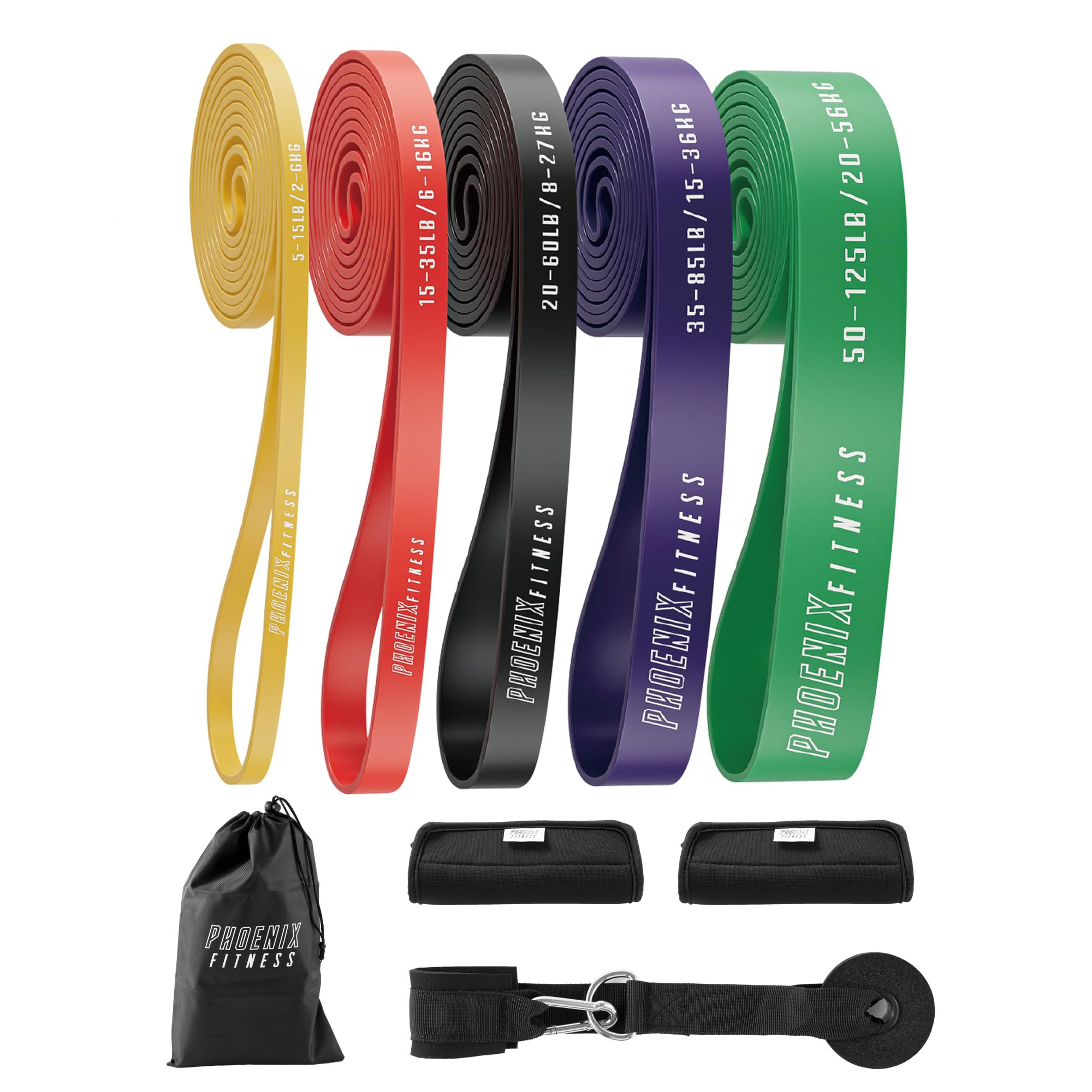 Phoenix Fitness Pull Up Bands Set - 5 Level Resistance Bands for Men and Women - Stackable Exercise Bands with Hand Grips, Door Anchor & Carry Case - Workout Bands for Home & Gym (Multicoloured)