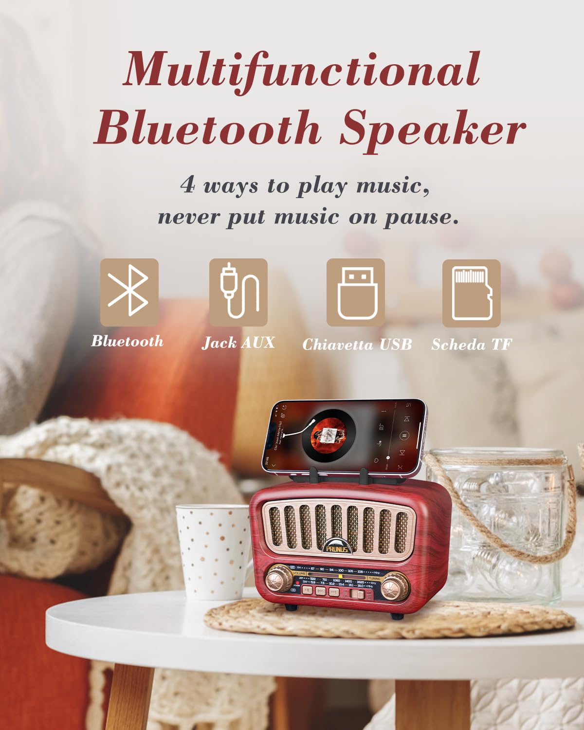 Poste Radio Vintage Rétro, PRUNUS J-180 AM/SW/FM Radio Portable Rechargeable avec Batterie 1800mAh, Bluetooth 5.0, Grand Haut-Parleur 5W, Fonction USB/TF/AUX