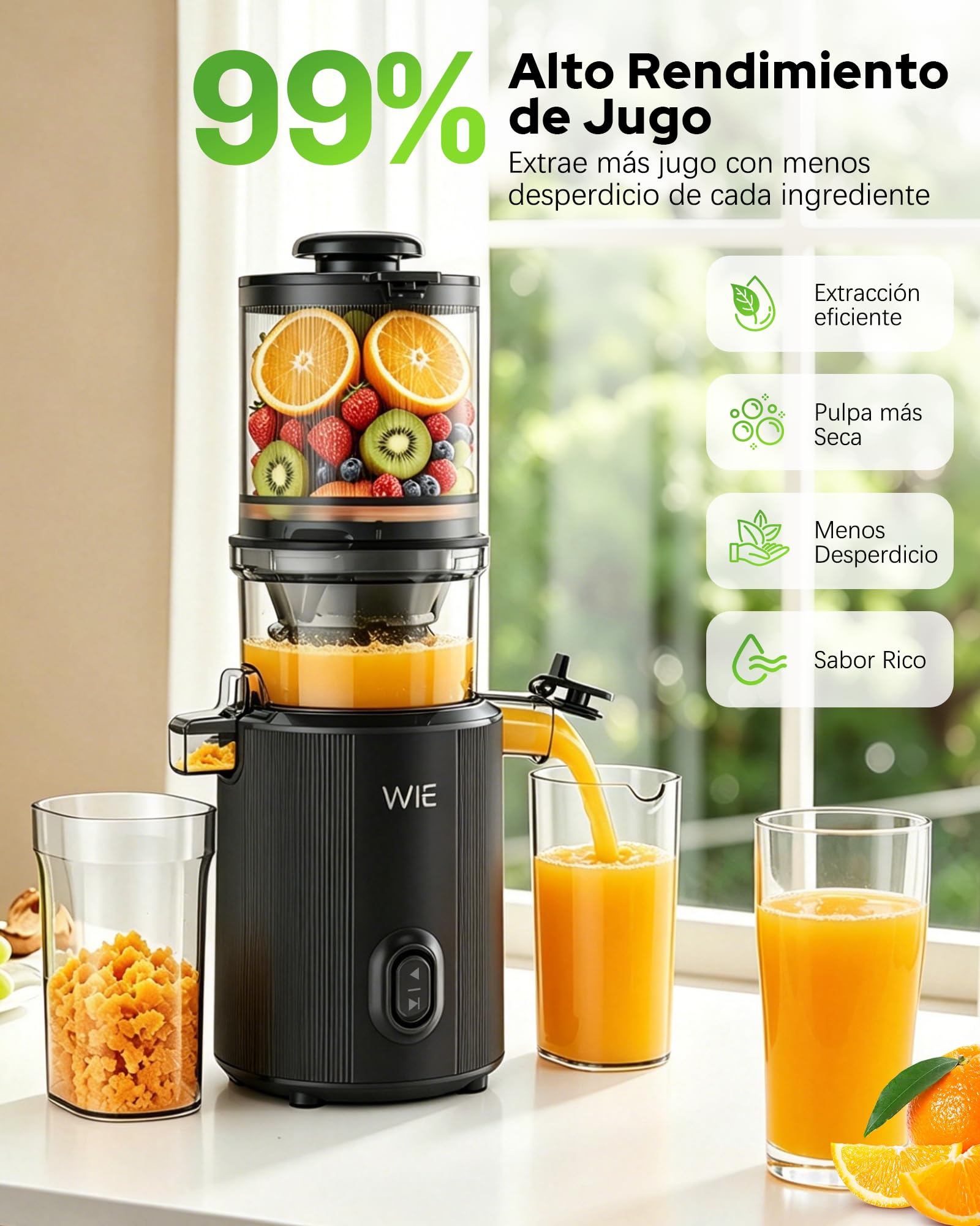 WIE Extractor de Zumos y Verduras, 300W Licuadora Prensado en Frío | Slow Juicer Machine con Boca XL 135mm, Capacidad 2,2 L para Frutas y Verduras Enteras, Fácil Montaje y Limpieza, Sin BPA