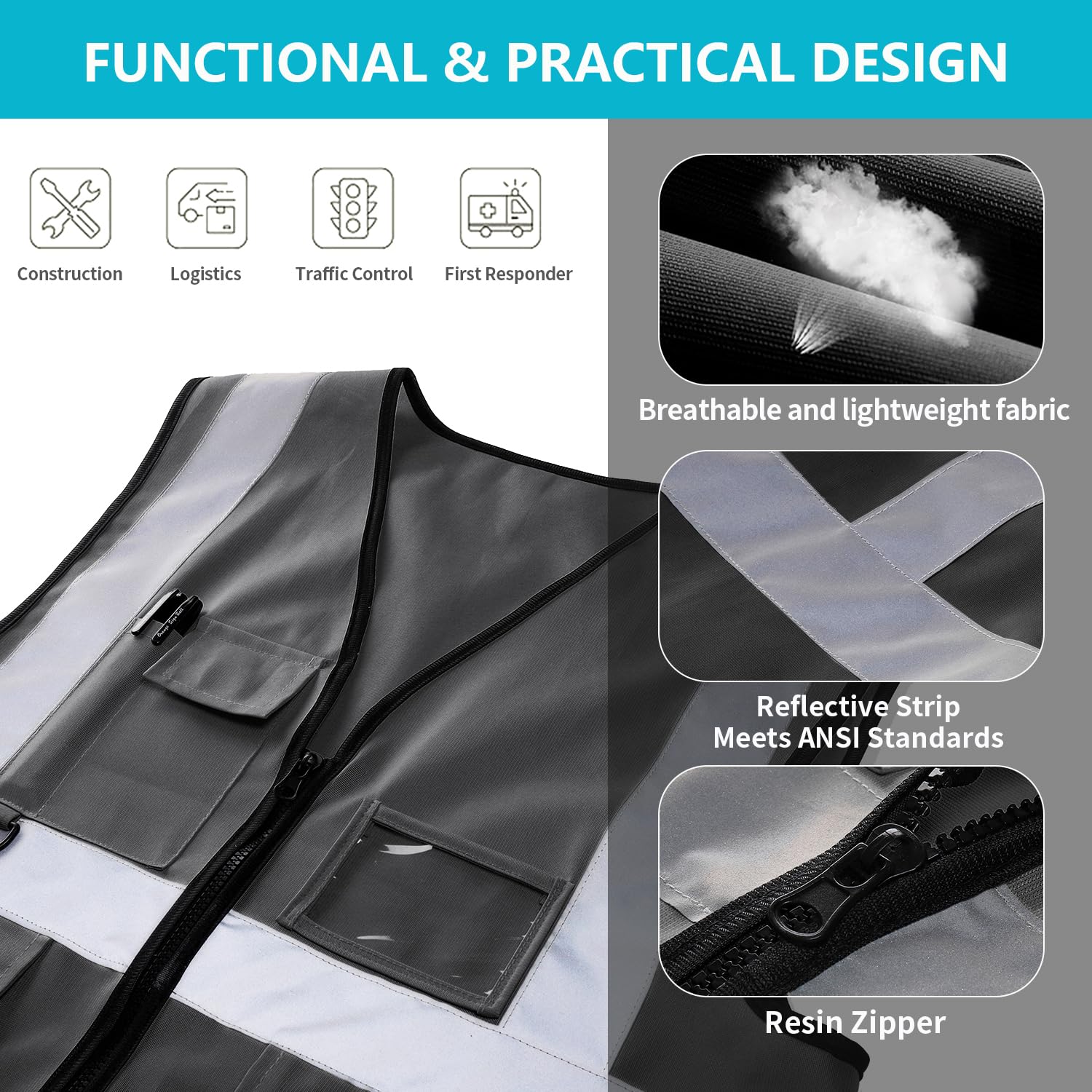 YUANVEST Hi Vis Vests for Men Women 5 Pockets,High Visibility Reflective Safety Security Vest,2-inch Reflective Strip High Visibility Vest,Meets ANSI/ISEA Standards (Black-Cloth - Image 3