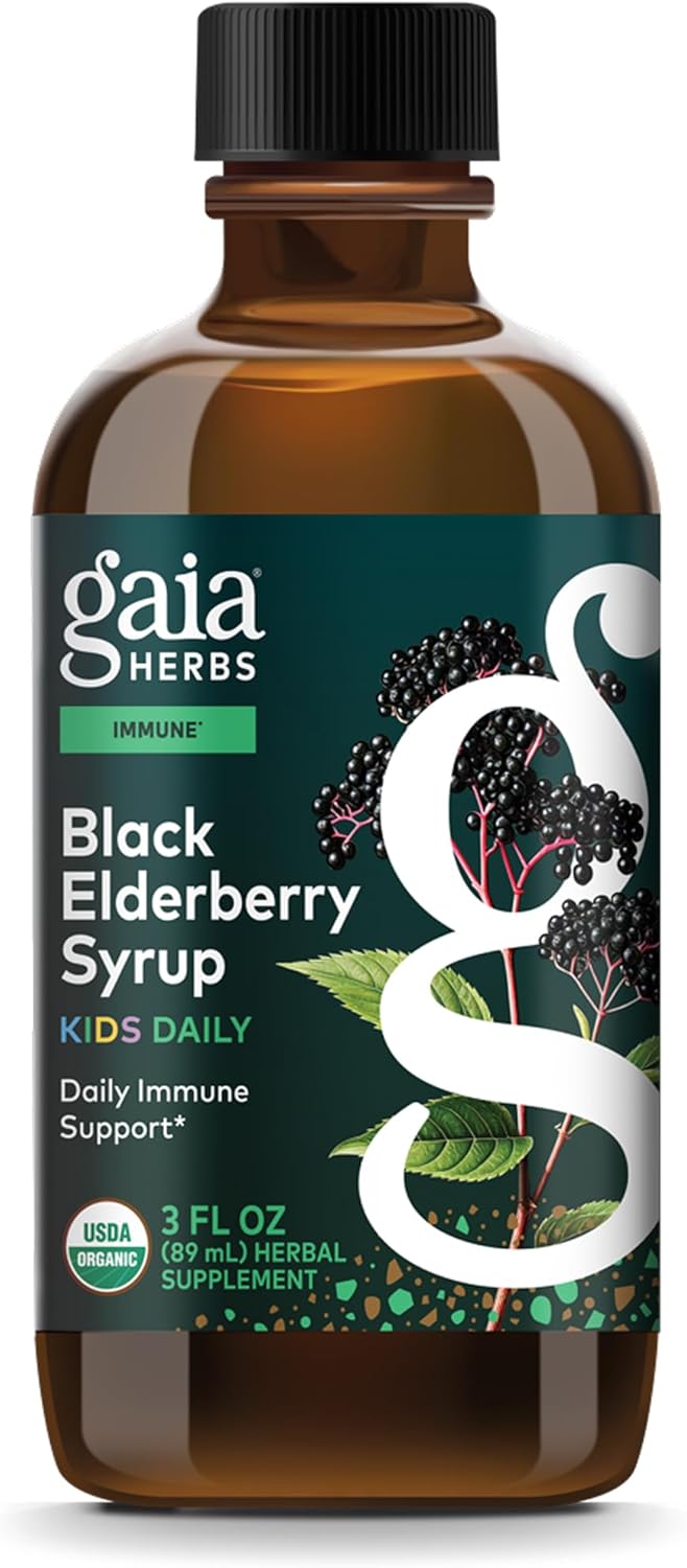 Gaia Herbs GaiaKids Black Elderberry Syrup - Delicious Immune Support Supplement for Kids* - with Organic Black Elderberries & Honey - USDA Certified Organic Syrup - 3 Fl Oz (About 18 to 36 Servings)