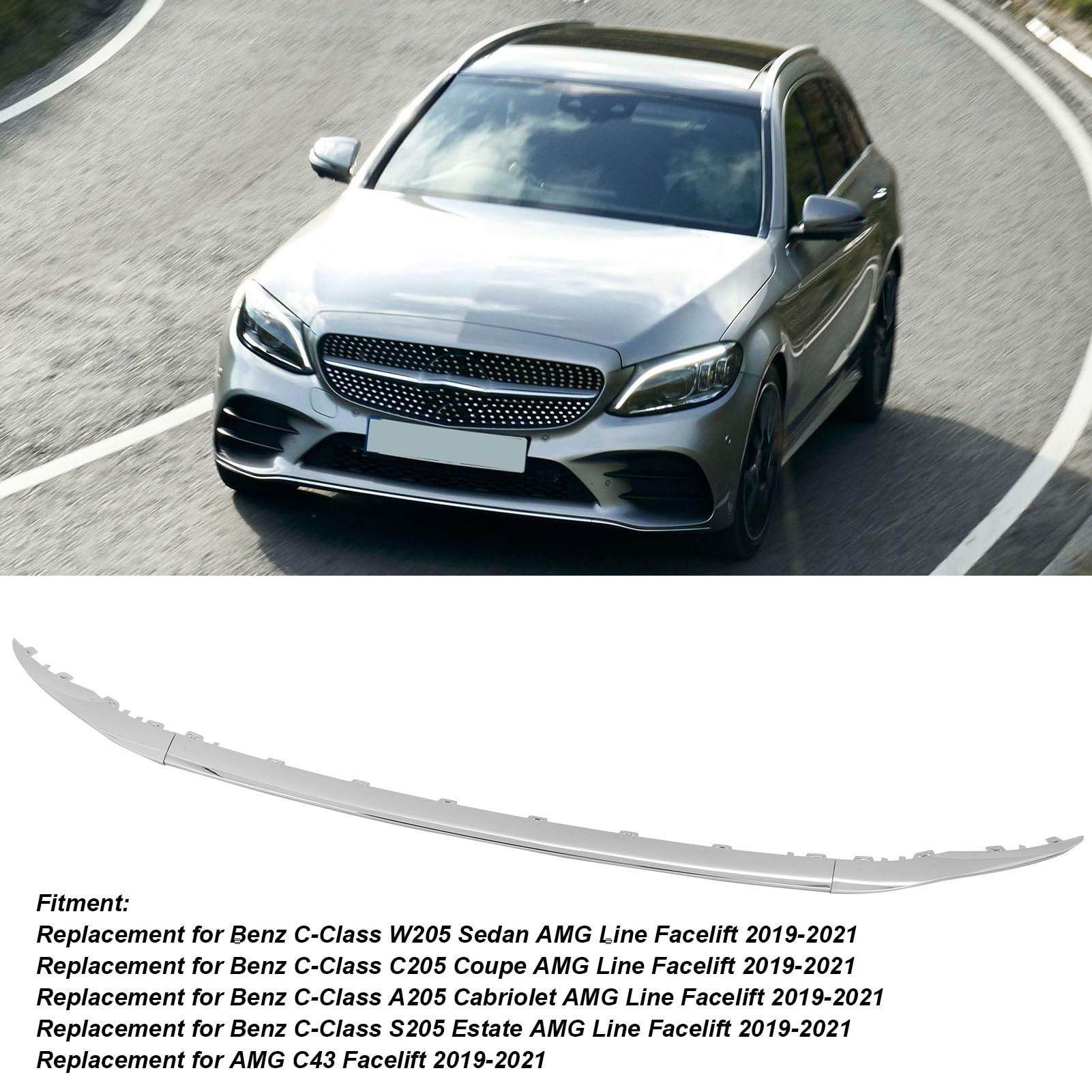 Moldura del Parachoques Delantero Embellecedor Inferior de Parachoques Delantero Cromado 2058858602, Repuesto para Clase C W205 Line Facelift 2019 a 2021