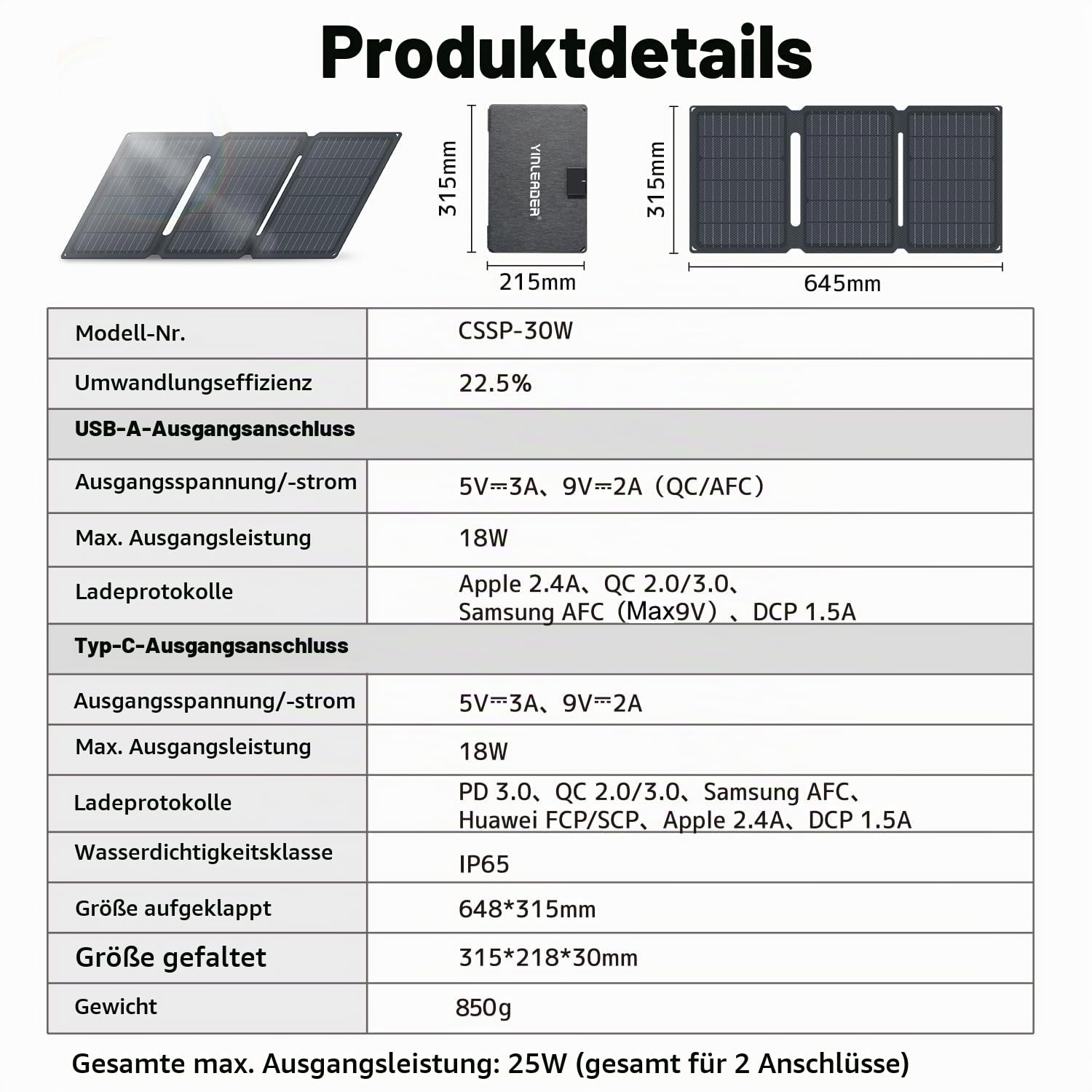 Yinleader 30W Tragbares Solarpanel – Faltbares Solarladegerät mit 18W USB-C & USB-A QC3.0 Schnellladung, IP65 Wasserdicht, Kompatibel mit Handy, Tablet, Powerstation