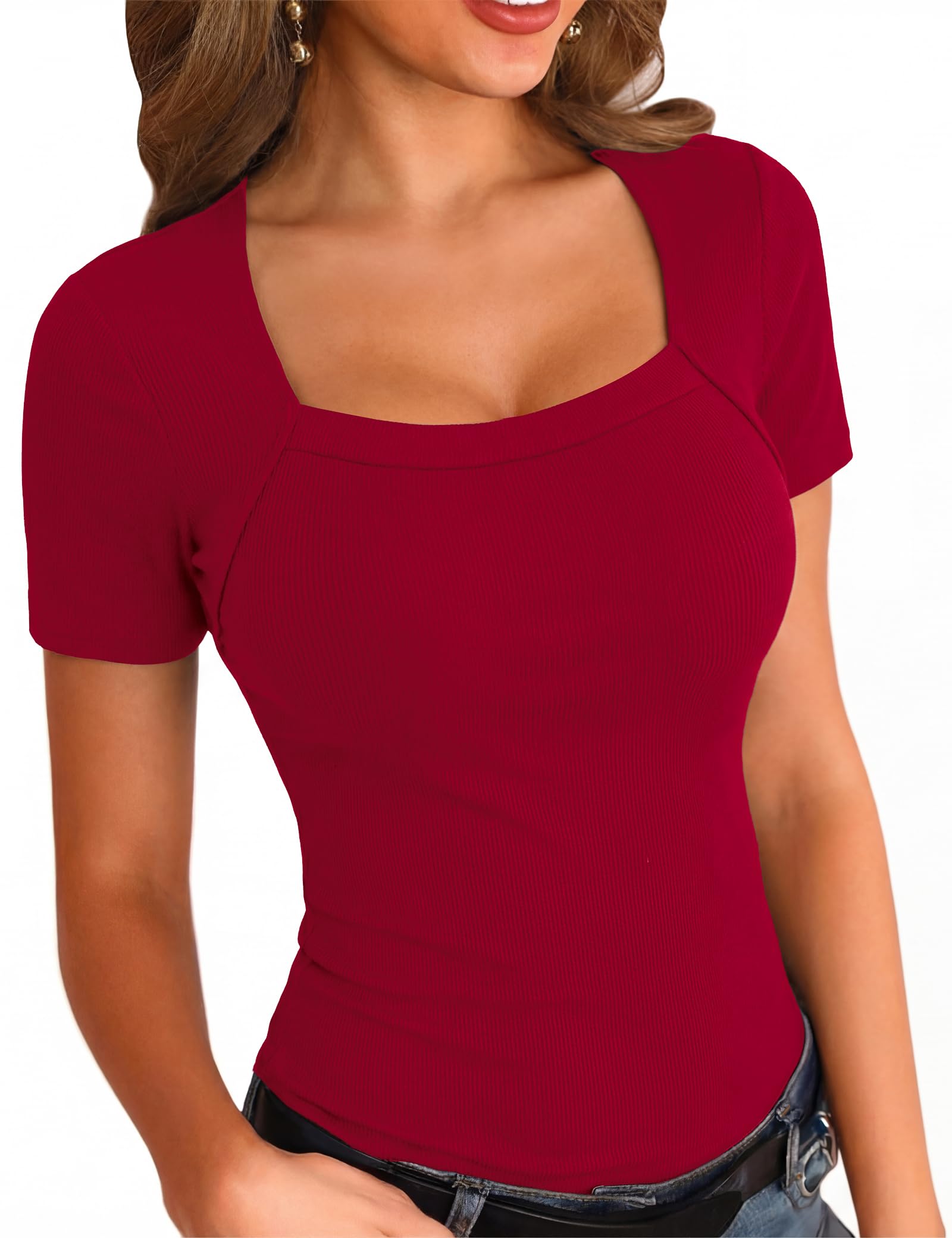 Aottori T-Shirt Damen Eckigem-Ausschnitt Kurzarm Sommer Oberteile Gerippt Elegant Tshirt Basic Stretch Slim Fit Tee Shirts Top