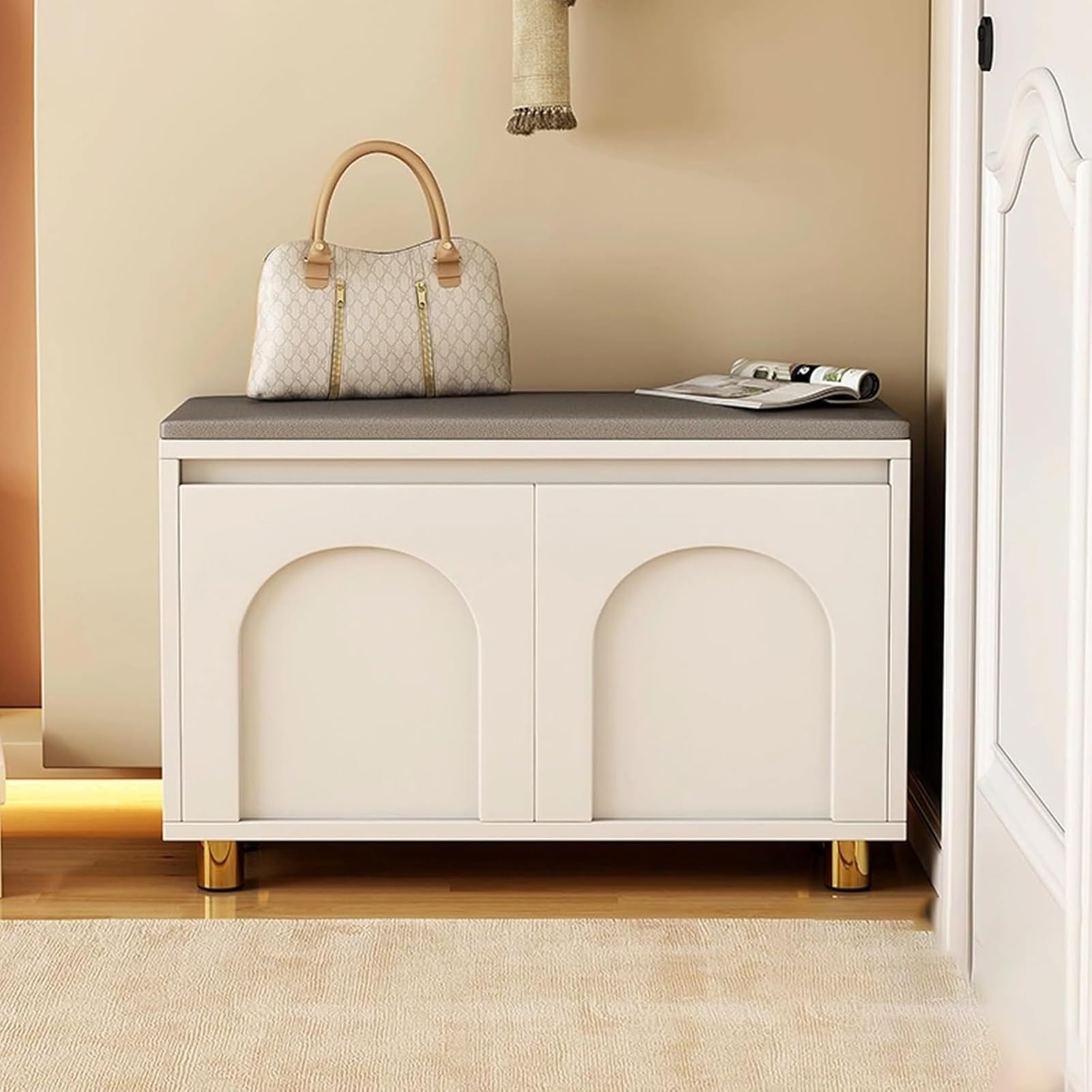 Étagère à chaussures de couloir moderne au design épuré avec assise confortable à double porte