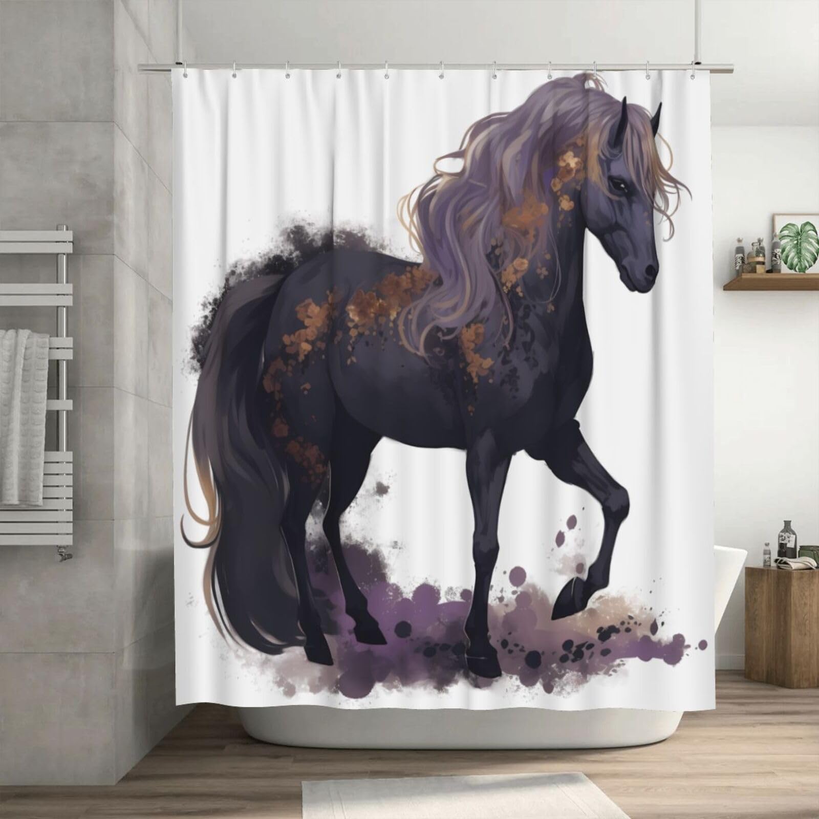 Rideau de douche imperméable violet anti-éclaboussures avec motif cheval
