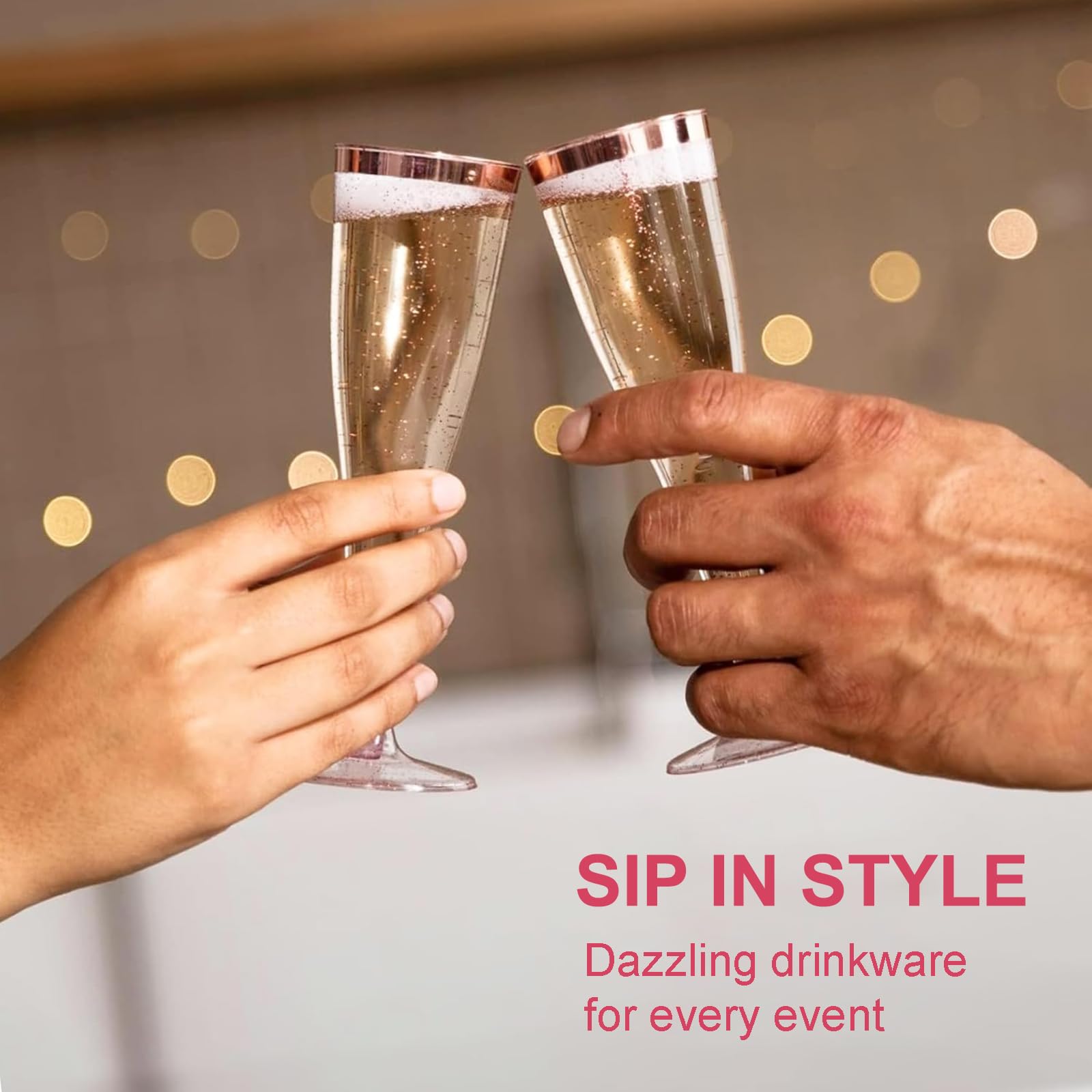 50 Stück Sektgläser Plastik, 150ml Champagner Gläser mit Roségoldrand und Roségoldglitter aus Kunststoff, Sektglas Plastik Mehrweg für Mimosa Bar Hochzeit Party Picknick im Freien